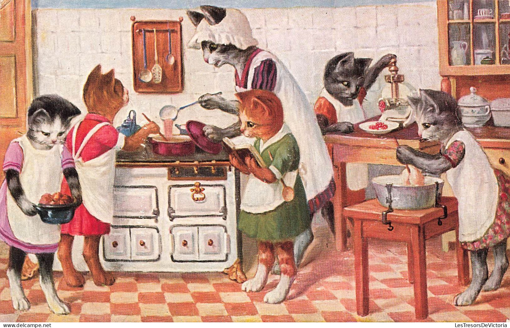 FANTAISIE - Animaux Habillés - Chattes Faisant La Cuisine - Carte Postale Ancienne - Animales Vestidos