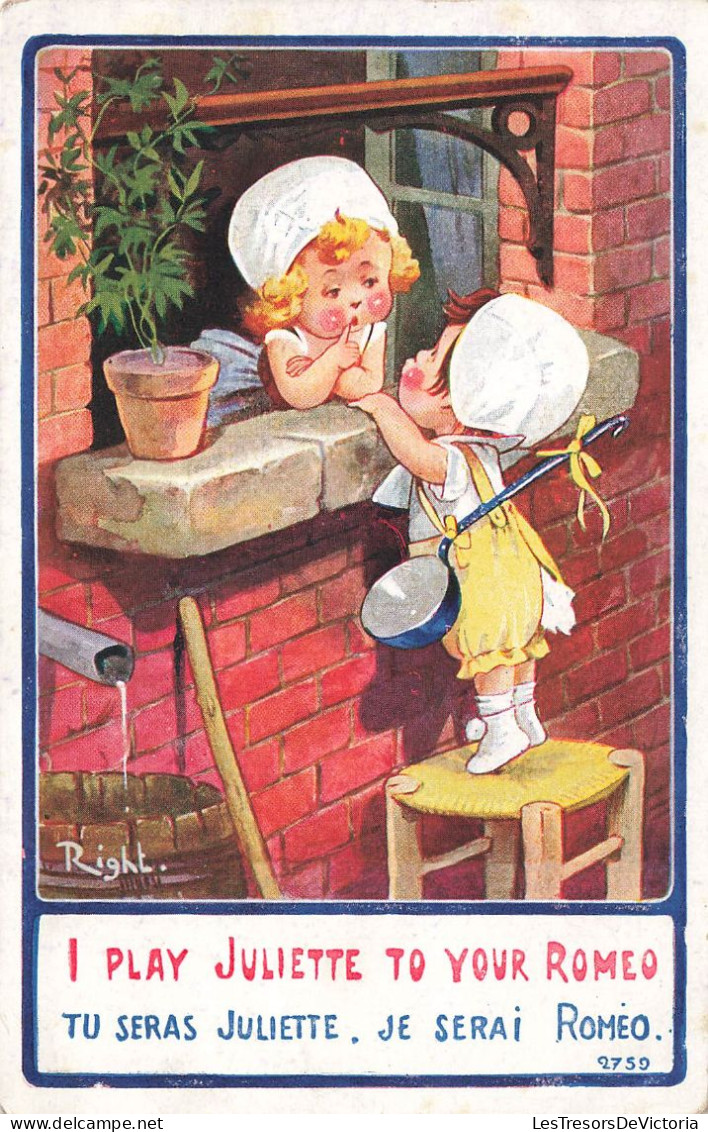 ILLUSTRATEUR SIGNE - Right - I Play Juliette To Your Romeo - Enfants à La Fenêtre - Carte Postale Ancienne - Right