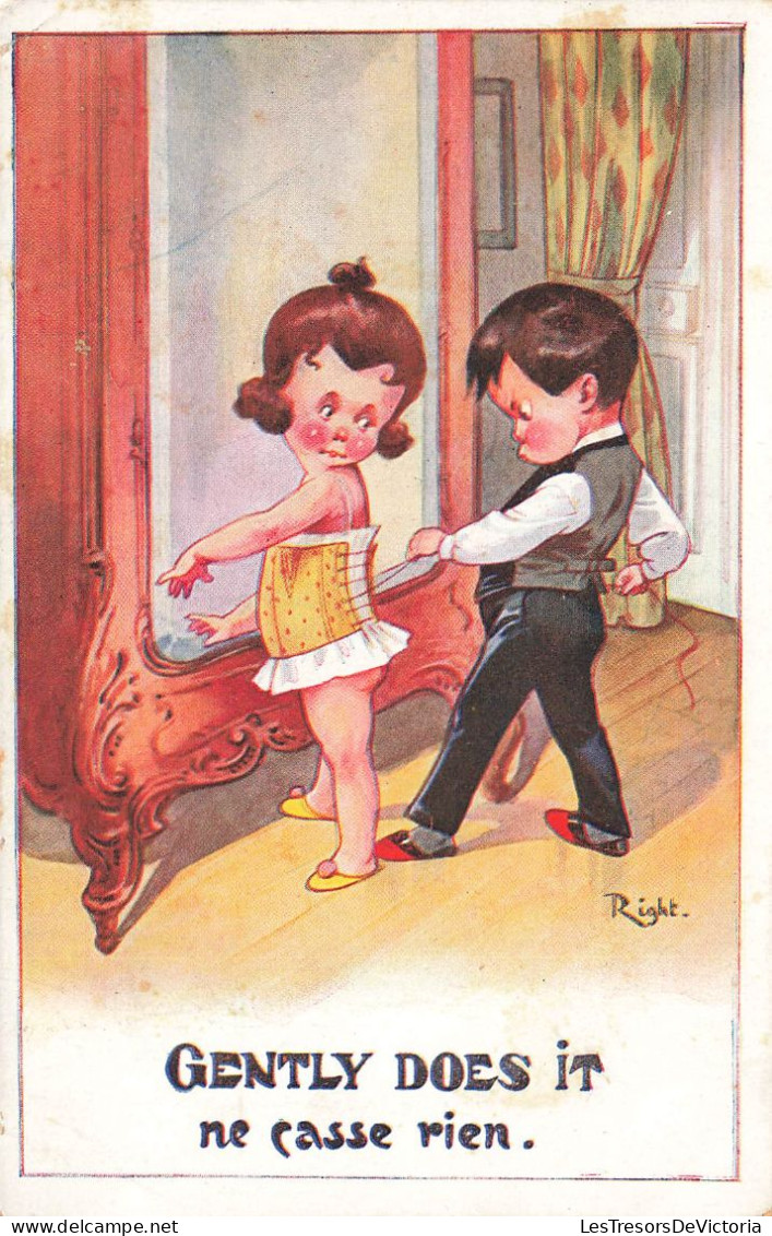 ILLUSTRATEUR SIGNE - Right - Gently Does It - Ne Casse Rien - Garçon Serrant Un Corset - Carte Postale Ancienne - Right