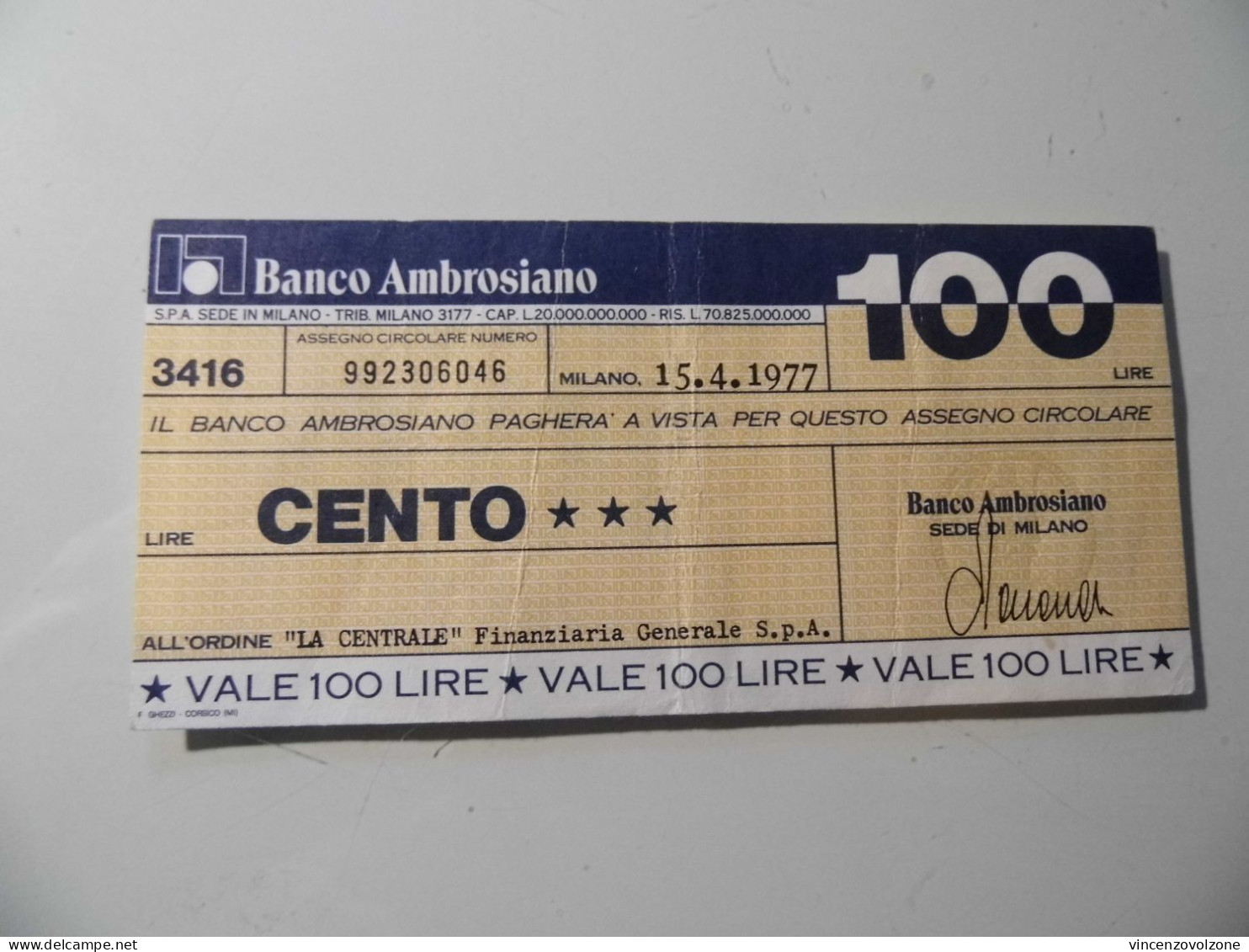 Miniassegno "BANCO AMBROSIANO LIT. 100" - [10] Cheques Y Mini-cheques