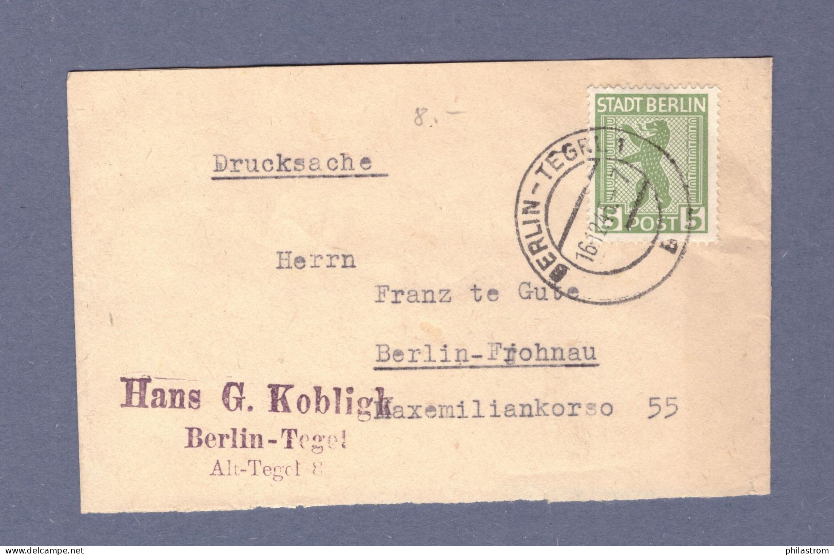 Berlin-Brandenburg - Drucksache (überfr.) - Berlin-Tegel 16.12.45 --> B.-Frohnau  (3380AGH-0306) - Berlin & Brandebourg