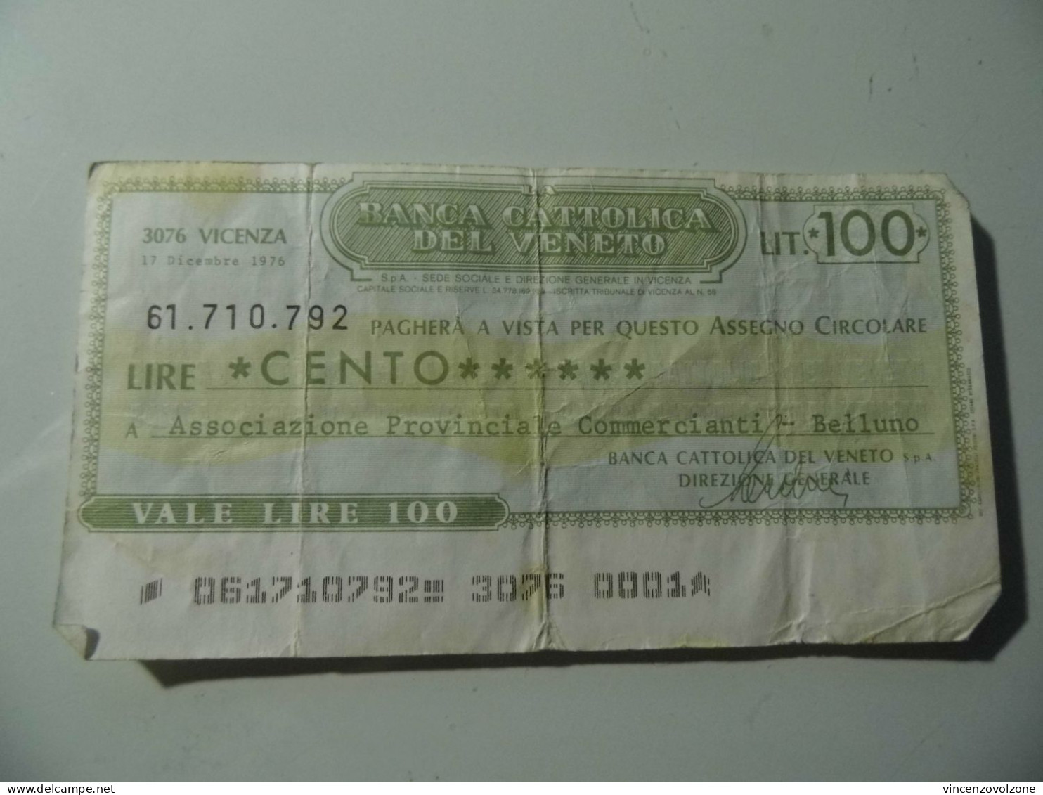 Miniassegno "BANCA CATTOLICA DEL VENETO LIT. 100" - [10] Checks And Mini-checks