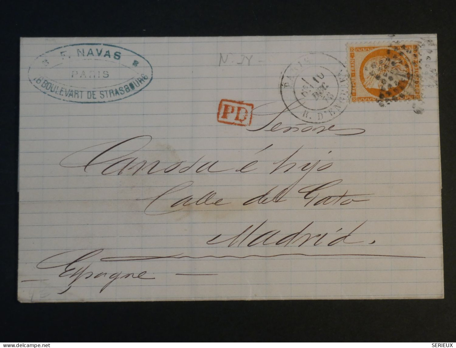 DD0  FRANCE  TRES BELLE  LETTRE 1873  ETOILE DE PARIS N°4 A MADRID ESPANA +CERES 40C  +AFF. INTERESSANT + - 1849-1876: Période Classique