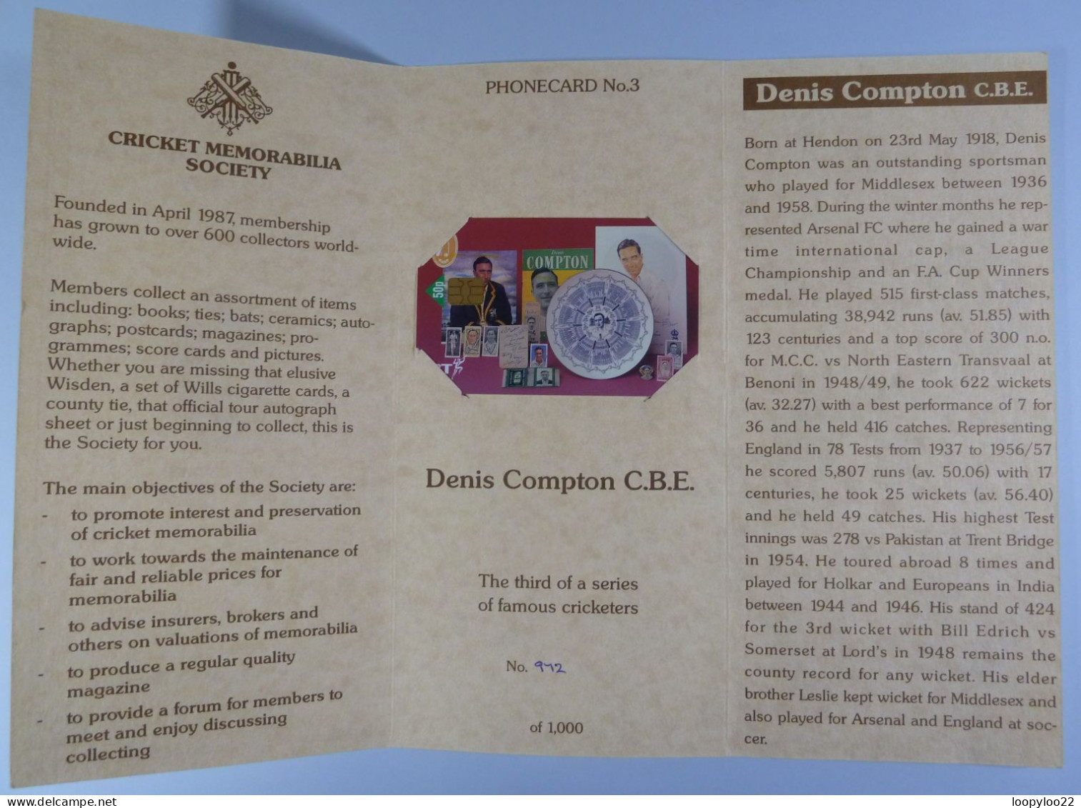 UK - BT - CRICKET MEMORABILIA SOCIETY - Denis Compton - 1000ex - Mint In Folder - Andere & Zonder Classificatie