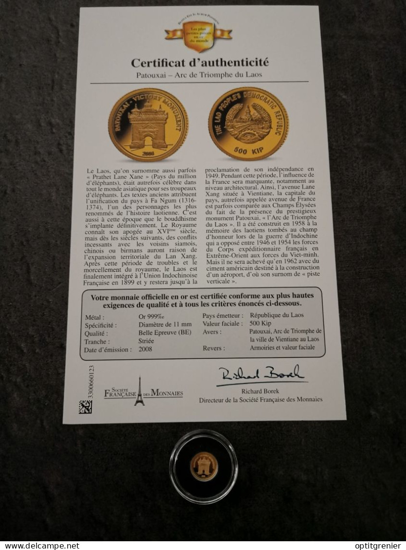 500 KIP OR 2008 BE PATOUXAI ARC DE TRIOMPHE DU LAOS / GOLD / 0.5g Or 999 - Laos