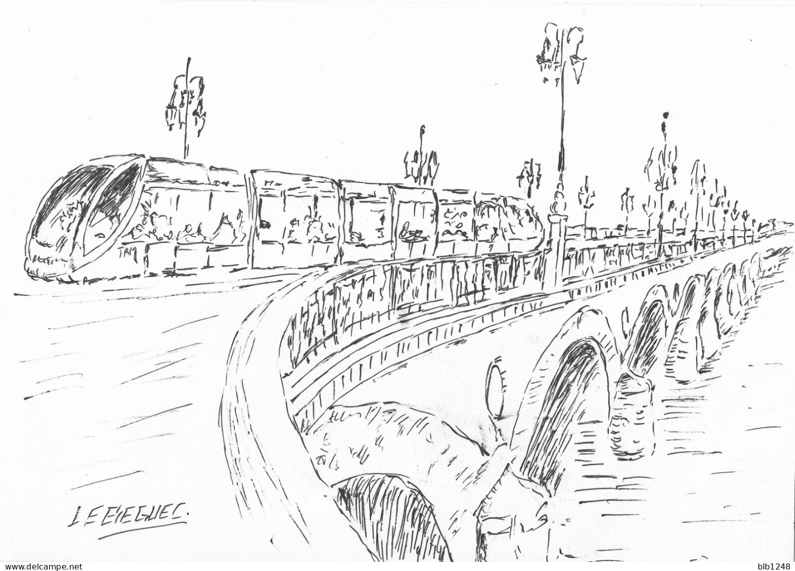 Art & Antiquités > Tableaux > Bordeaux Pont De Pierre Et Tram Dessin Encre Original De B. Le Beguec - Dessins