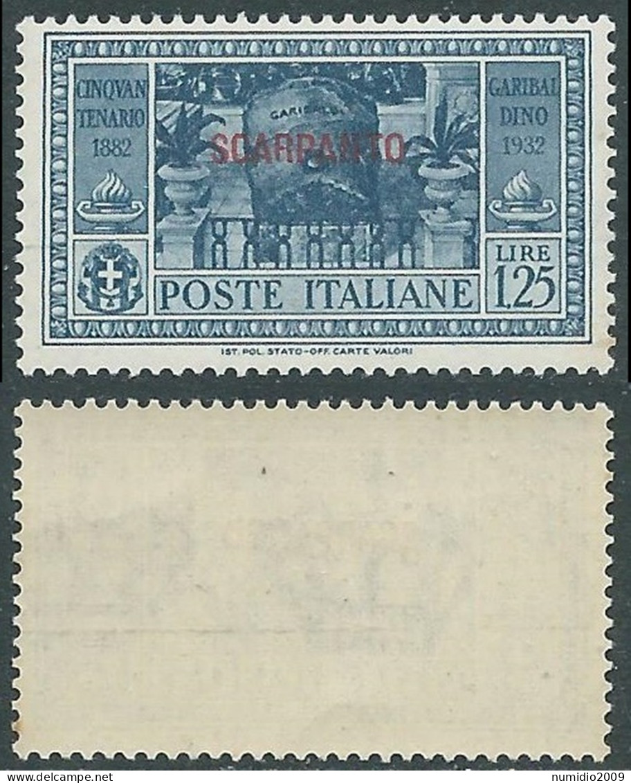 1932 EGEO SCARPANTO GARIBALDI 1,25 LIRE GOMMA CON MACCHIE MNH ** - I31 - Egeo (Scarpanto)