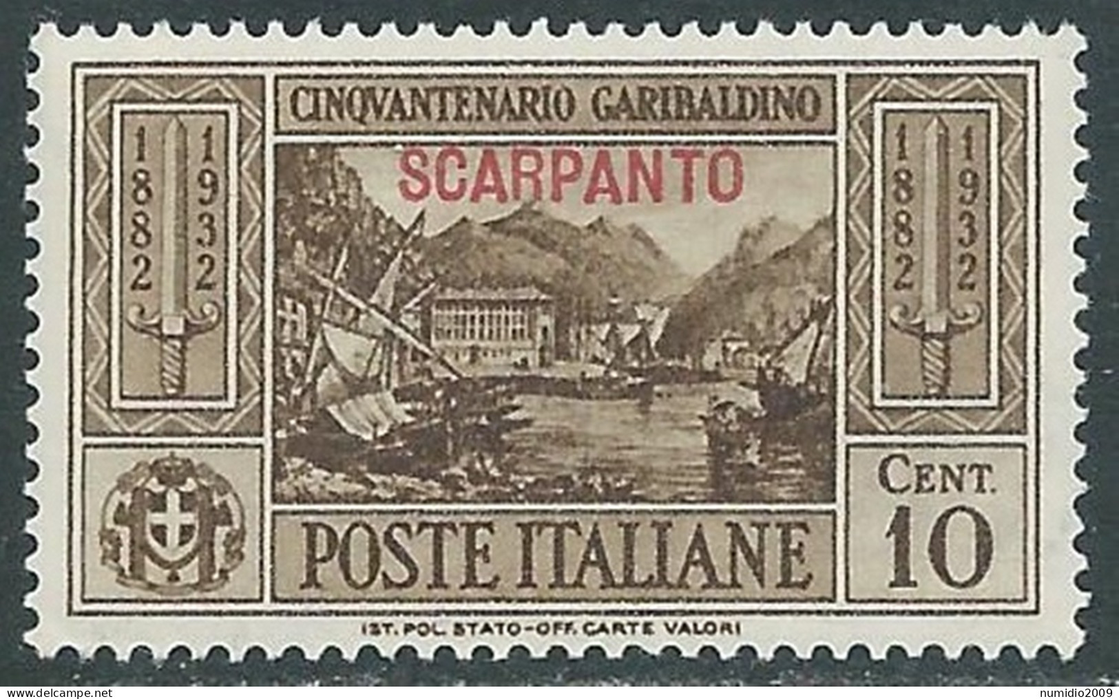 1932 EGEO SCARPANTO GARIBALDI 10 CENT MNH ** - I31-2 - Egeo (Scarpanto)