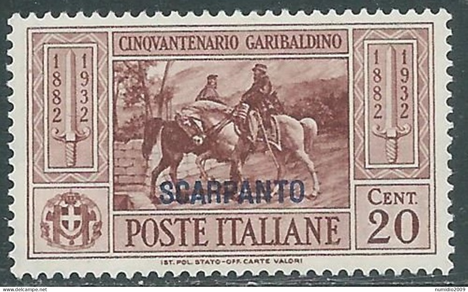 1932 EGEO SCARPANTO GARIBALDI 20 CENT MNH ** - I31-2 - Ägäis (Scarpanto)