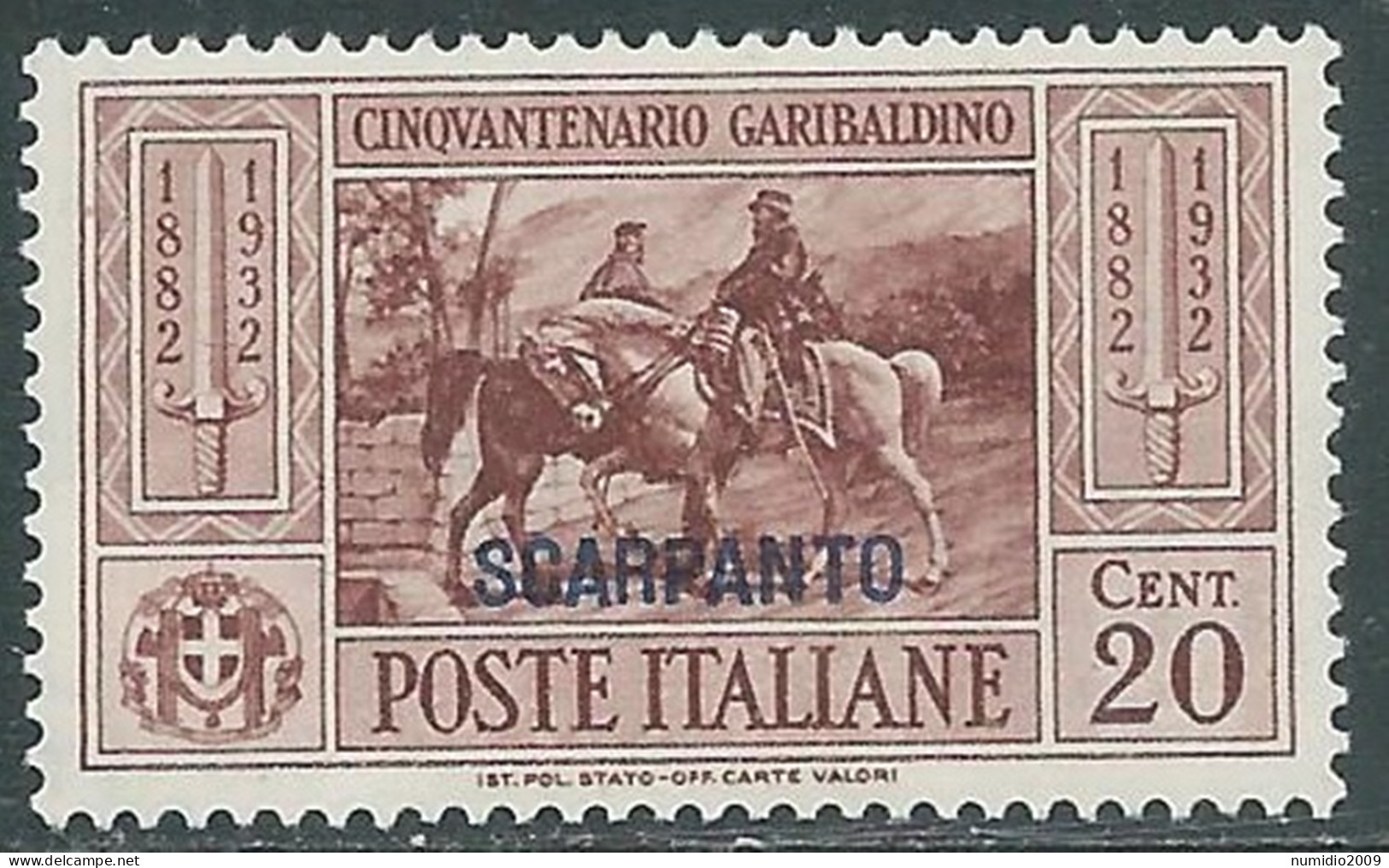 1932 EGEO SCARPANTO GARIBALDI 20 CENT MNH ** - I31-2 - Aegean (Scarpanto)