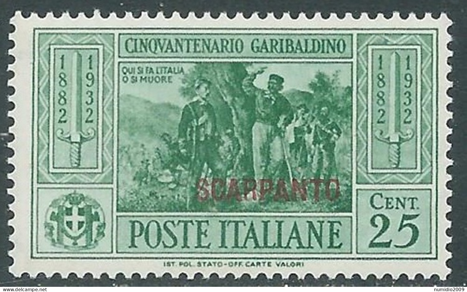 1932 EGEO SCARPANTO GARIBALDI 25 CENT MNH ** - I31-2 - Aegean (Scarpanto)