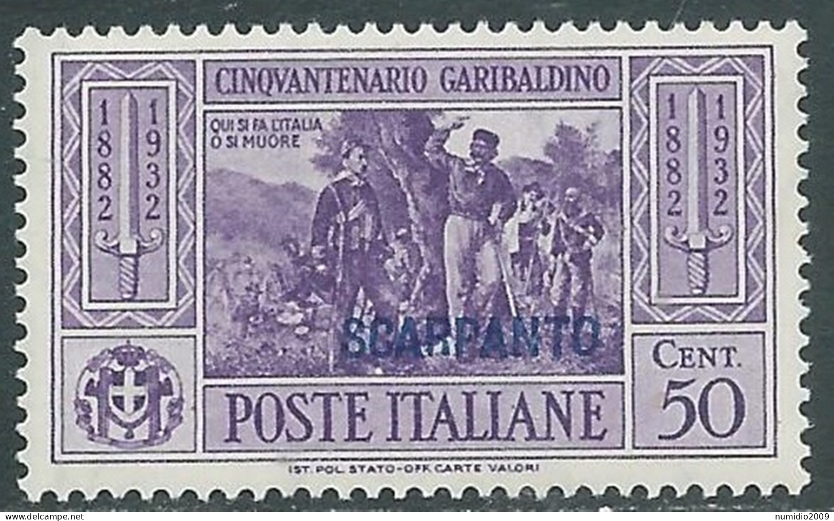 1932 EGEO SCARPANTO GARIBALDI 50 CENT MNH ** - I31-2 - Aegean (Scarpanto)