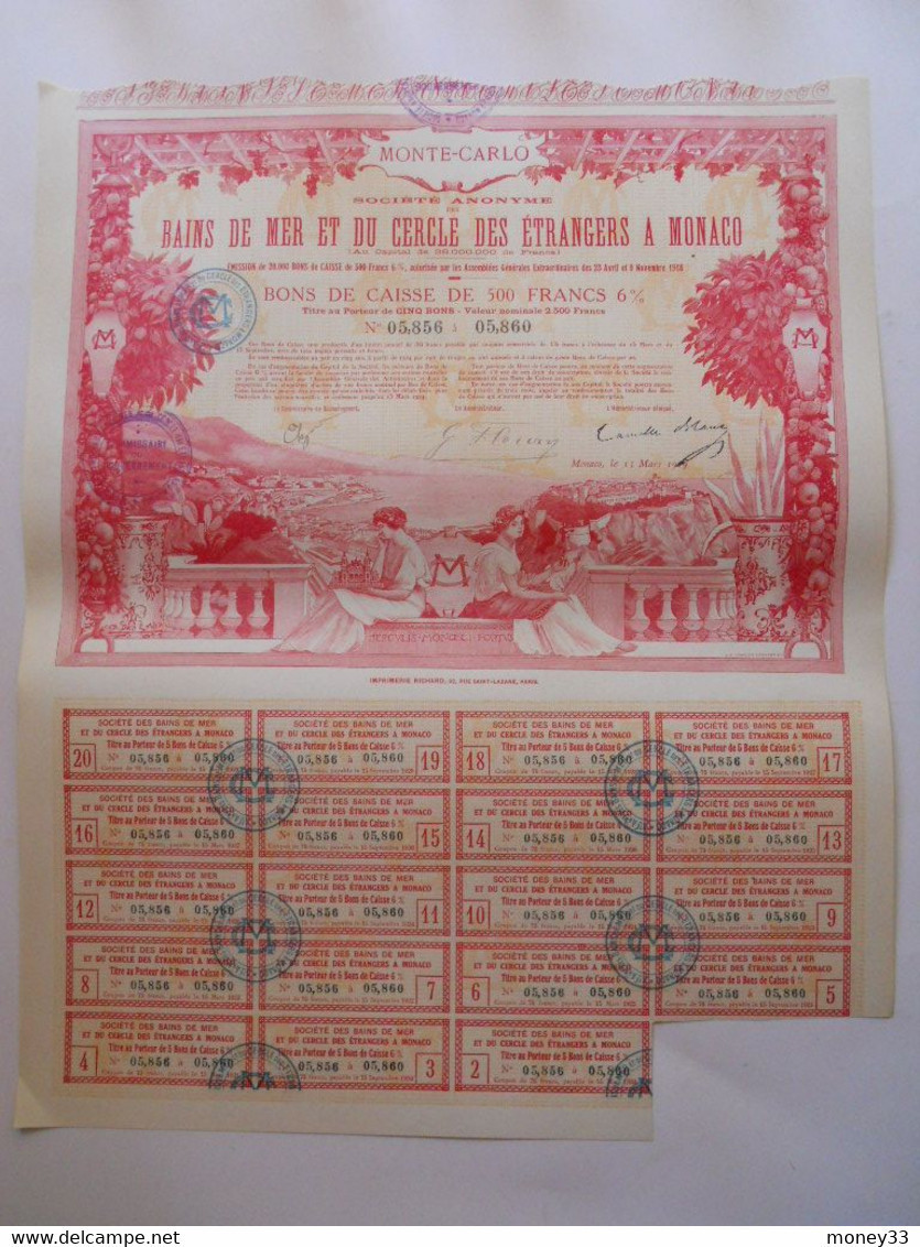 Bon De Caisse De 500 Francs De La Société Anonyme Des Bains De Mer Et Du Cercle Des étrangers à Monaco 1919 - Casinos