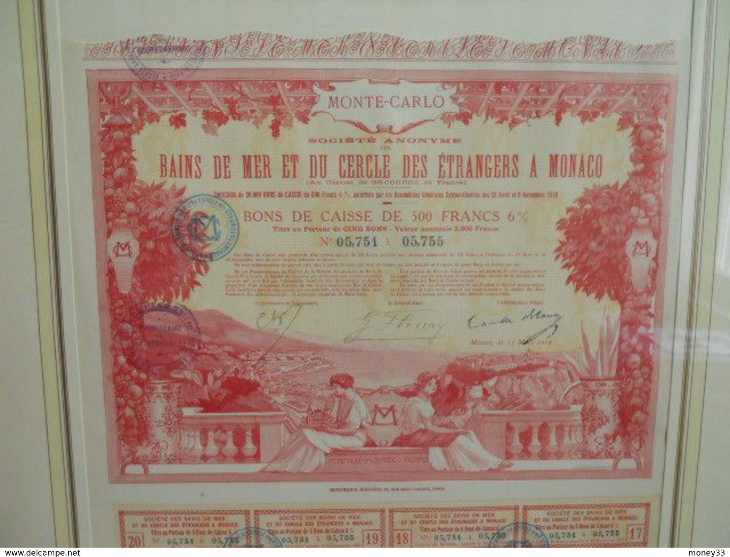 Bon De Caisse De 500 Francs De La Société Anonyme Des Bains De Mer Et Du Cercle Des étrangers à Monaco 1919 - Casino