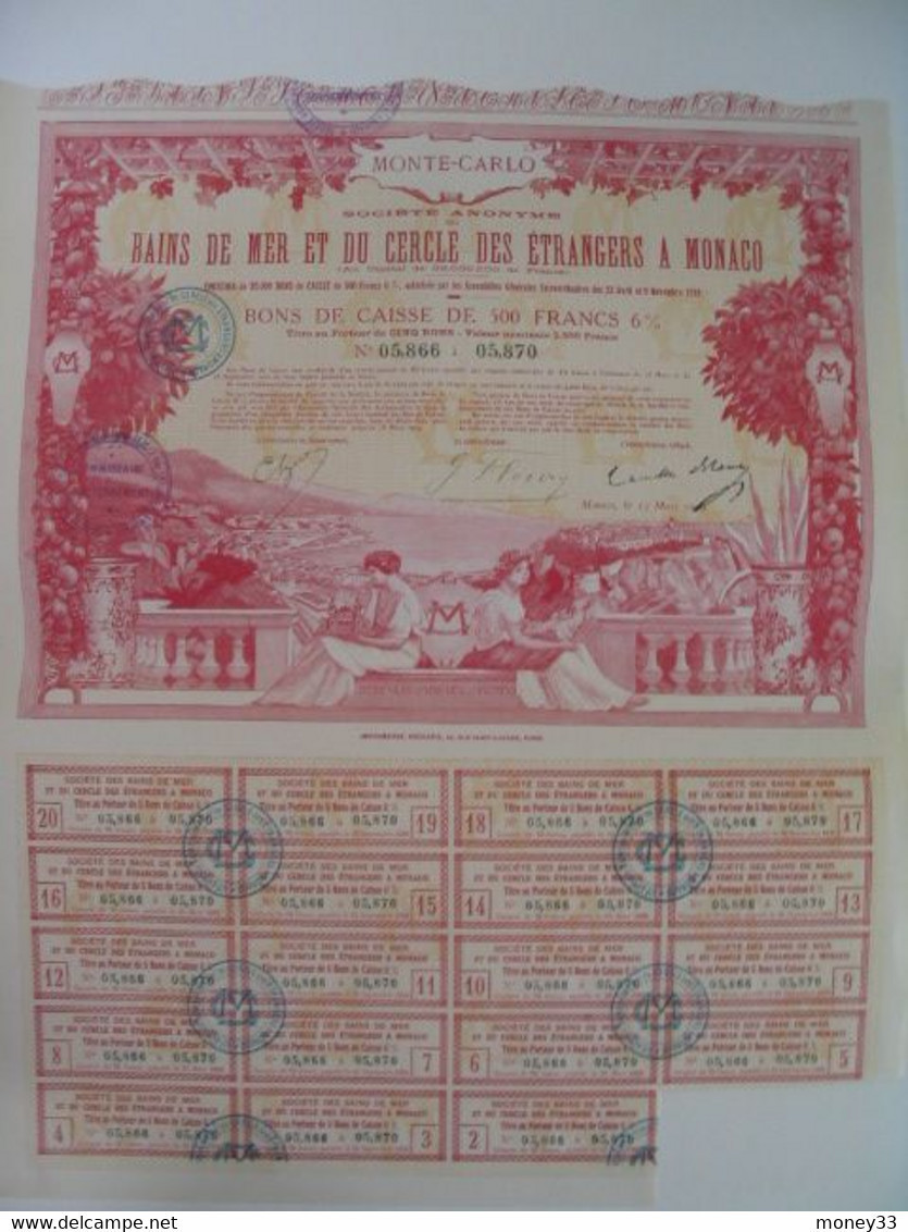 Bon De Caisse De 500 Francs De La Société Anonyme Des Bains De Mer Et Du Cercle Des étrangers à Monaco 1919 - Casino