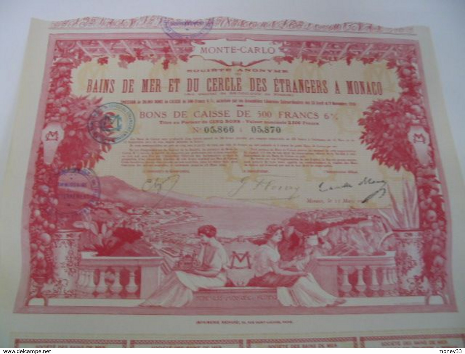 Bon de caisse de 500 francs de la société anonyme des bains de mer et du cercle des étrangers à Monaco 1919