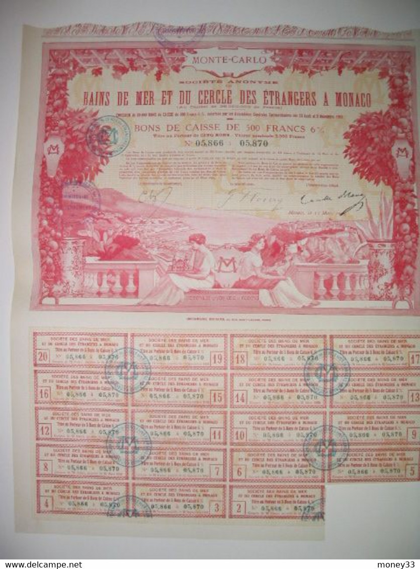 Bon de caisse de 500 francs de la société anonyme des bains de mer et du cercle des étrangers à Monaco 1919