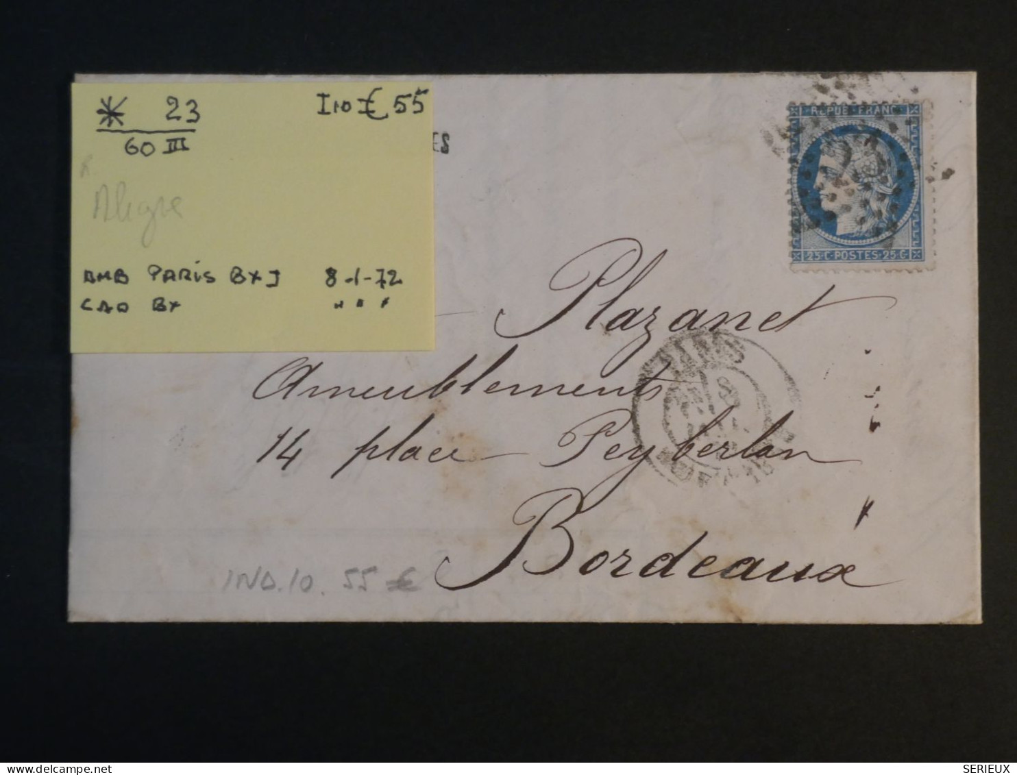 DD0  FRANCE BELLE  LETTRE 1872  ETOILE DE PARIS N°23 ALIGRE A  BORDEAUX  +CERES N°60 + + +AFF. INTERESSANT + - 1849-1876: Période Classique