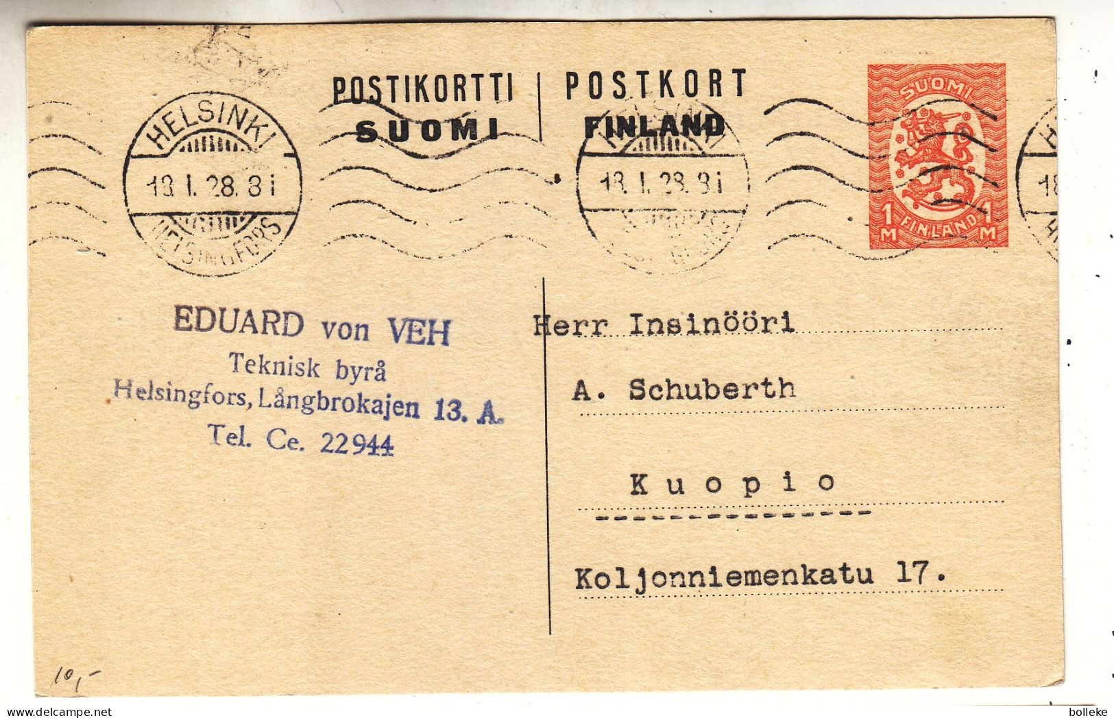 Finlande - Carte Postale De 1928 - Entier Postal - Oblit Helsinki - Exp Vers Kuopio - Valeur 5 Euros - Briefe U. Dokumente