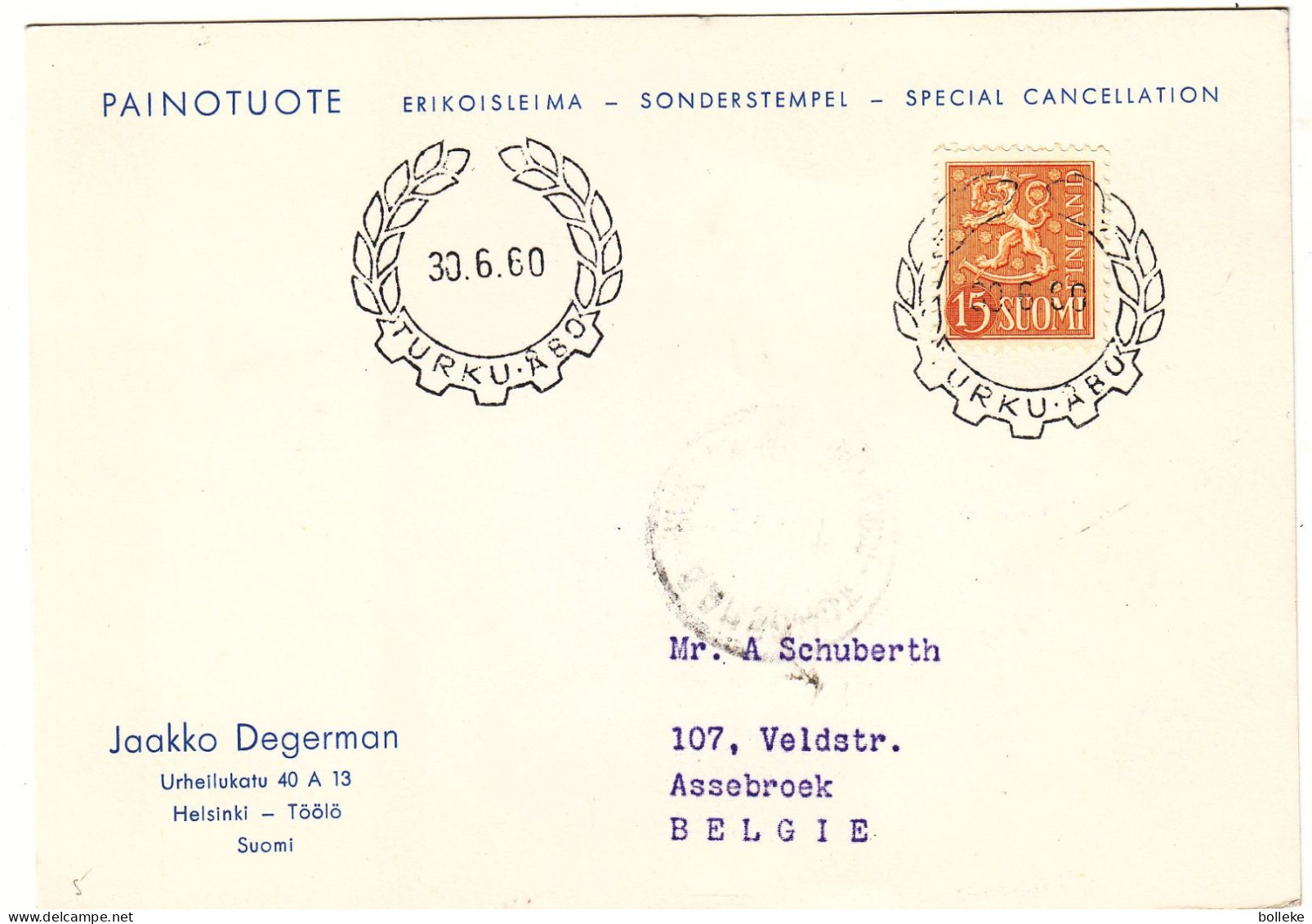 Finlande - Carte Postale De 1960 - Oblit Turku Äbo - Cachet De Aarschot - - Cartas & Documentos