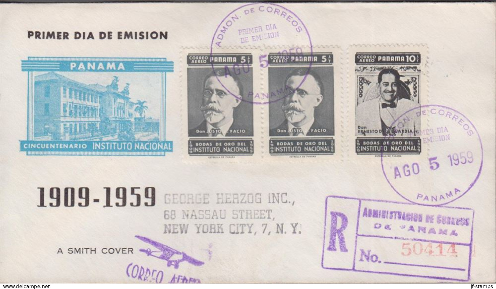 1959. PANAMA. Fine Registered CORREO AEREO FDC INSTITUTO NACIONAL 10 C + Pair 5 C Cancell... (Michel 557-558) - JF539496 - Panama