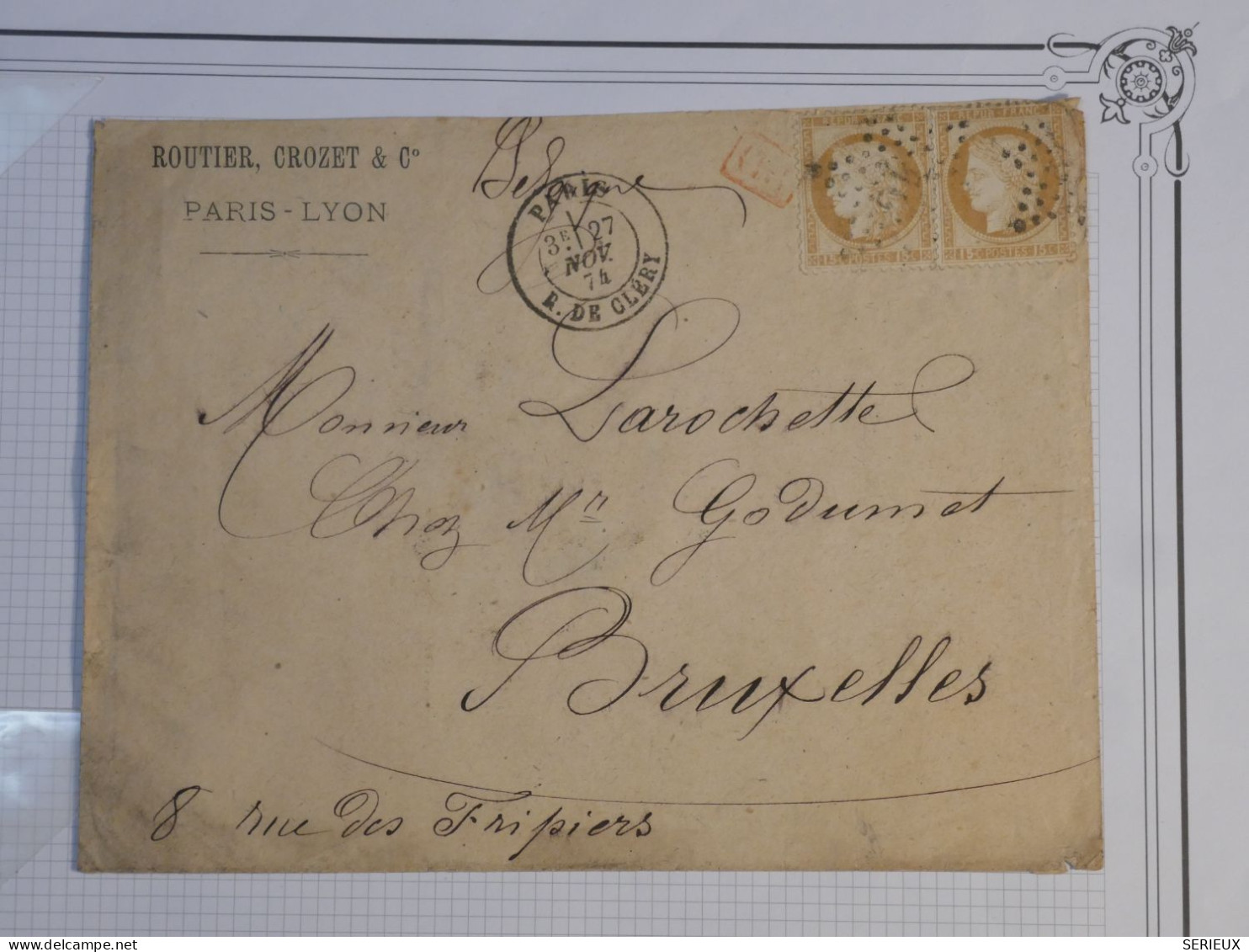 DD0  FRANCE BELLE  LETTRE EN P 1874  ETOILE DE PARIS N°24 A BRUXELLES   +CERES 15C  + CACHET ROUGE + +AFF. INTERESSANT + - 1849-1876: Période Classique