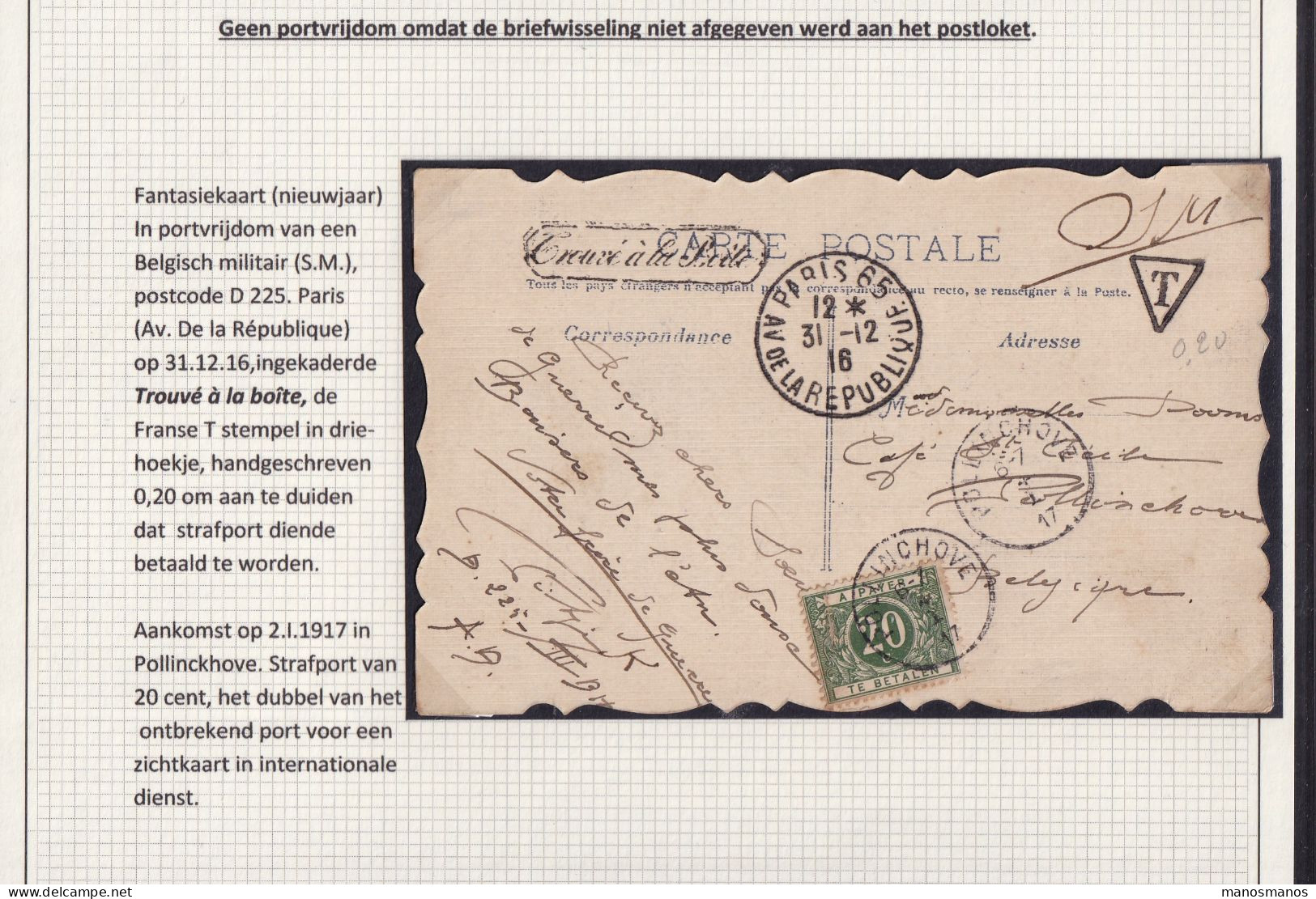 DDFF 373 -- RARE Taxation En Zone Non Occupée - POLLINCHOVE 1916 S/ Carte-Vue France - Pas Déposée Au Guichet - Unbesetzte Zone