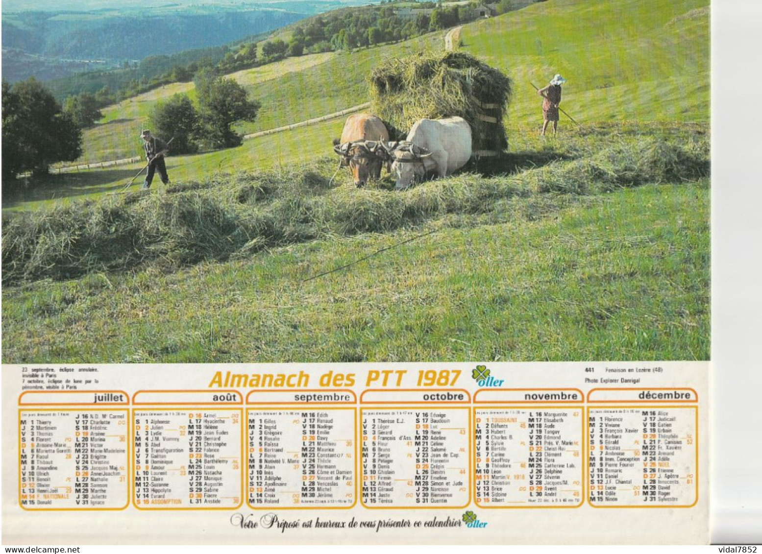 Calendrier-Almanach Des P.T.T 1987 Vallée Des Merveilles (06) Fenaison En Lozère -OLLER Département AIN-01-Référence 441 - Groot Formaat: 1981-90