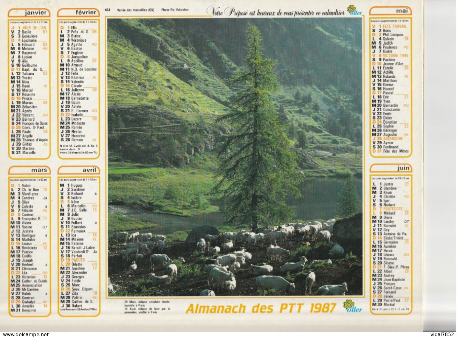 Calendrier-Almanach Des P.T.T 1987 Vallée Des Merveilles (06) Fenaison En Lozère -OLLER Département AIN-01-Référence 441 - Formato Grande : 1981-90