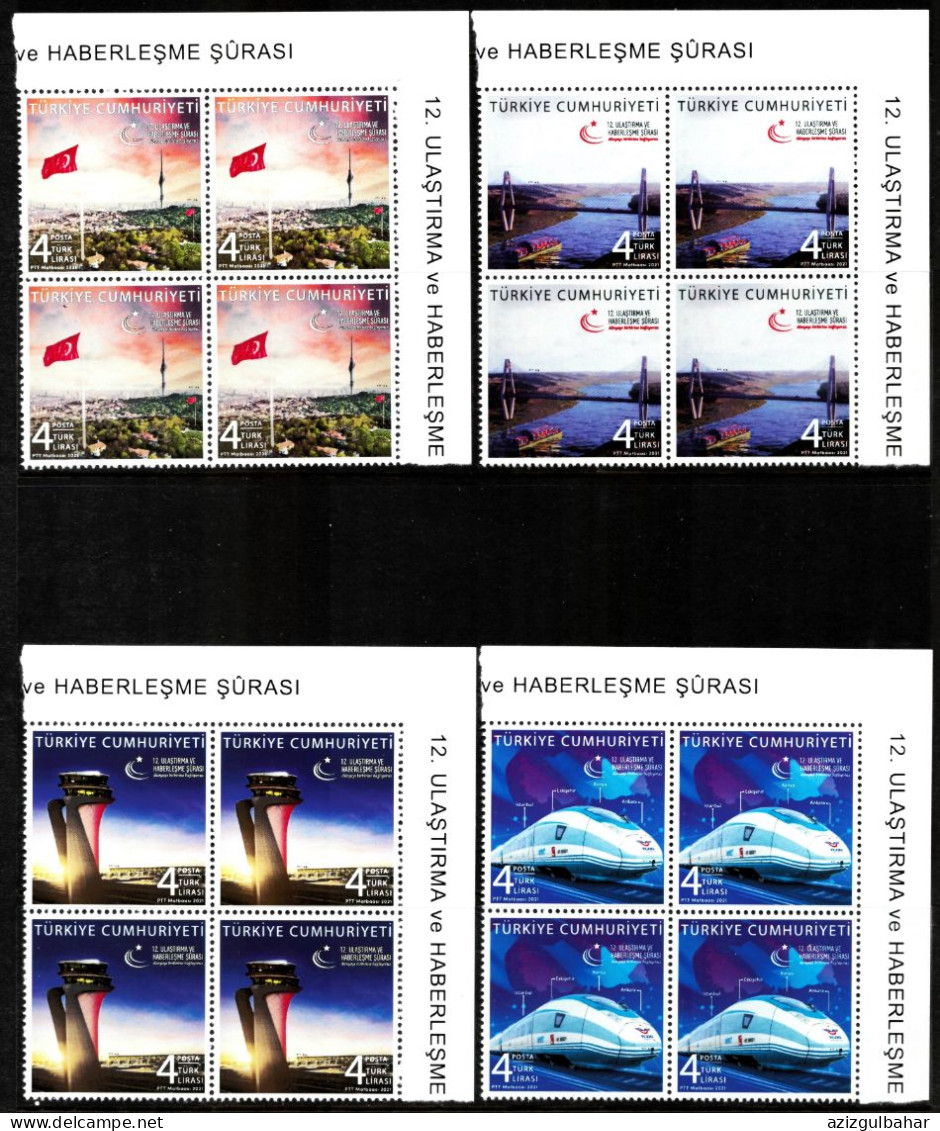 TURKEY -   2021 - TRANSPORTATION AND COMMUNICATION   - UMM - TRAINS - BLOCK OF FOUR - FLAGS - COMMUNICATIONS - Unused Stamps