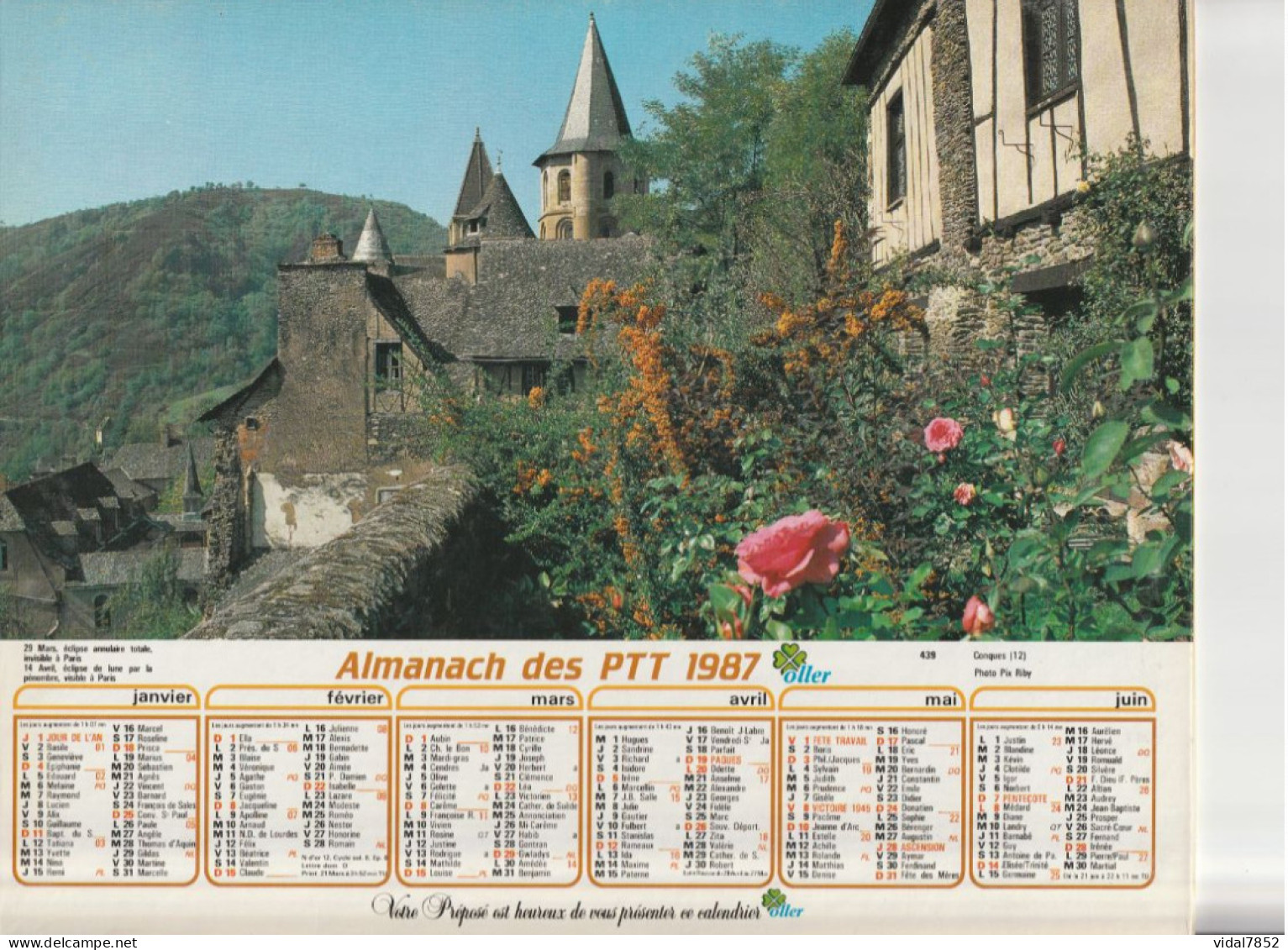 Calendrier-Almanach Des P.T.T 1987-Conques (12)-Thiézac (15) -OLLER Département AIN-01-Référence 439 - Formato Grande : 1981-90