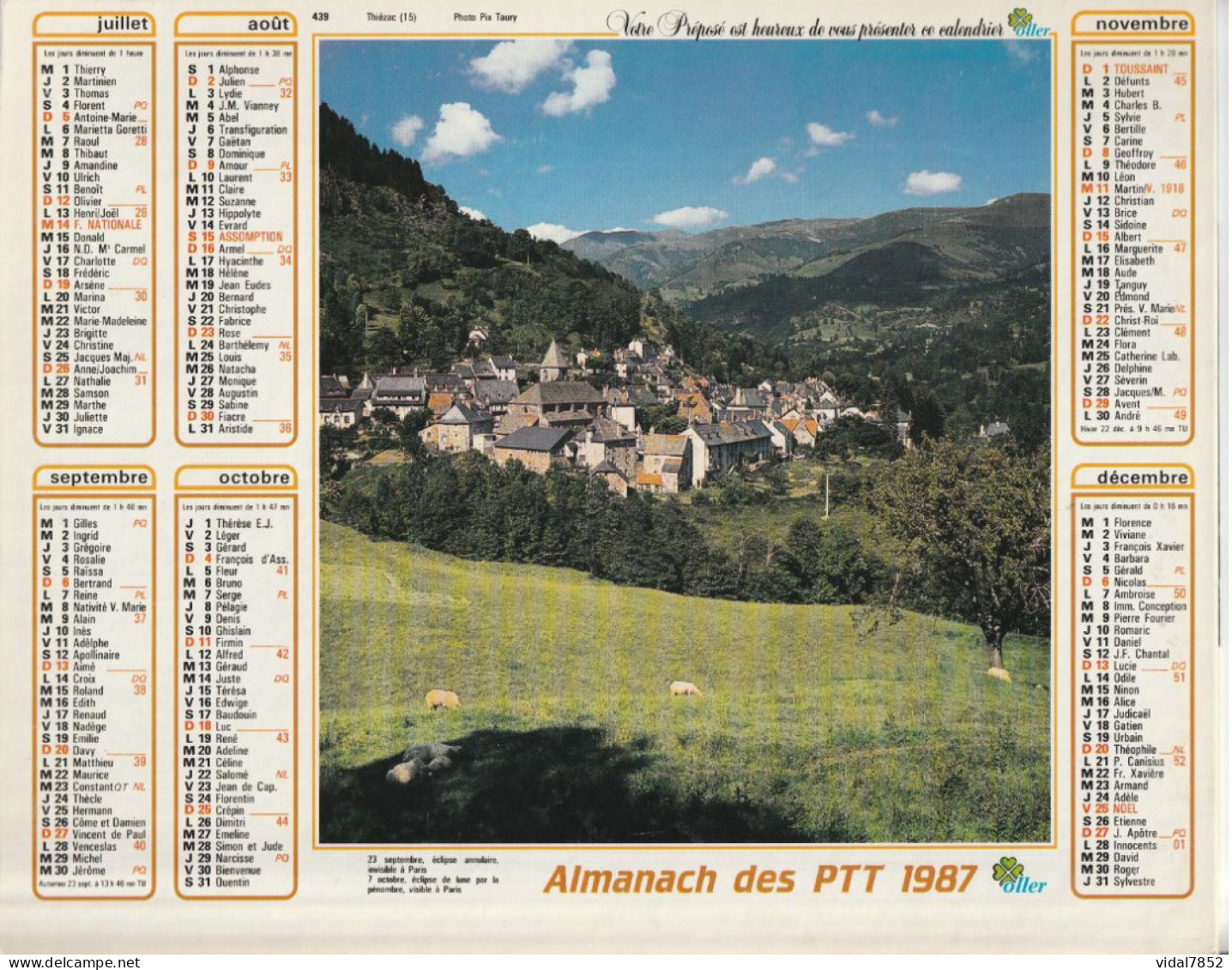 Calendrier-Almanach Des P.T.T 1987-Conques (12)-Thiézac (15) -OLLER Département AIN-01-Référence 439 - Grand Format : 1981-90