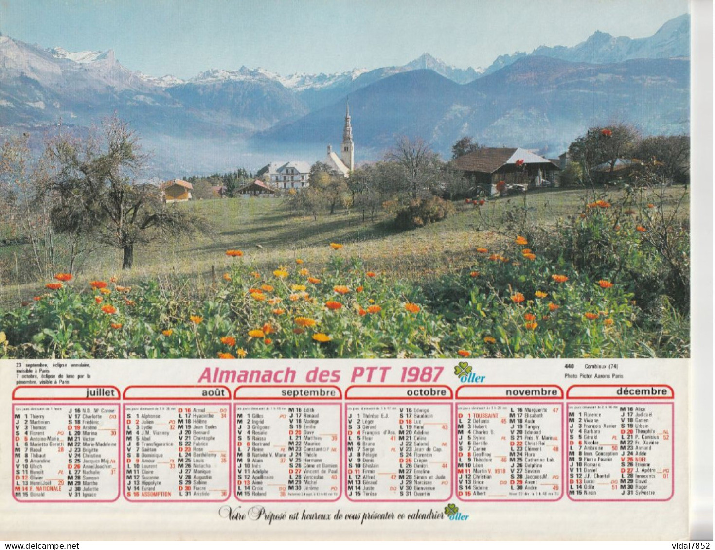 Calendrier-Almanach Des P.T.T 1987-Massif Des Aravis-Combloux (74) -OLLER Département AIN-01-Référence 440 - Formato Grande : 1981-90