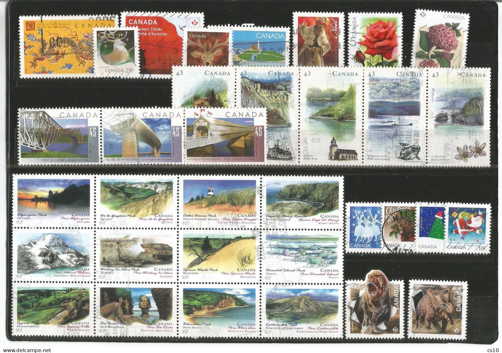 CANADA 5 Scans Lot Used Stamps With HVs Blocks Strips Etc In # 111 Pcs Incl. Hockey Dinosaurs Shania Twain & Permanents - Andere & Zonder Classificatie