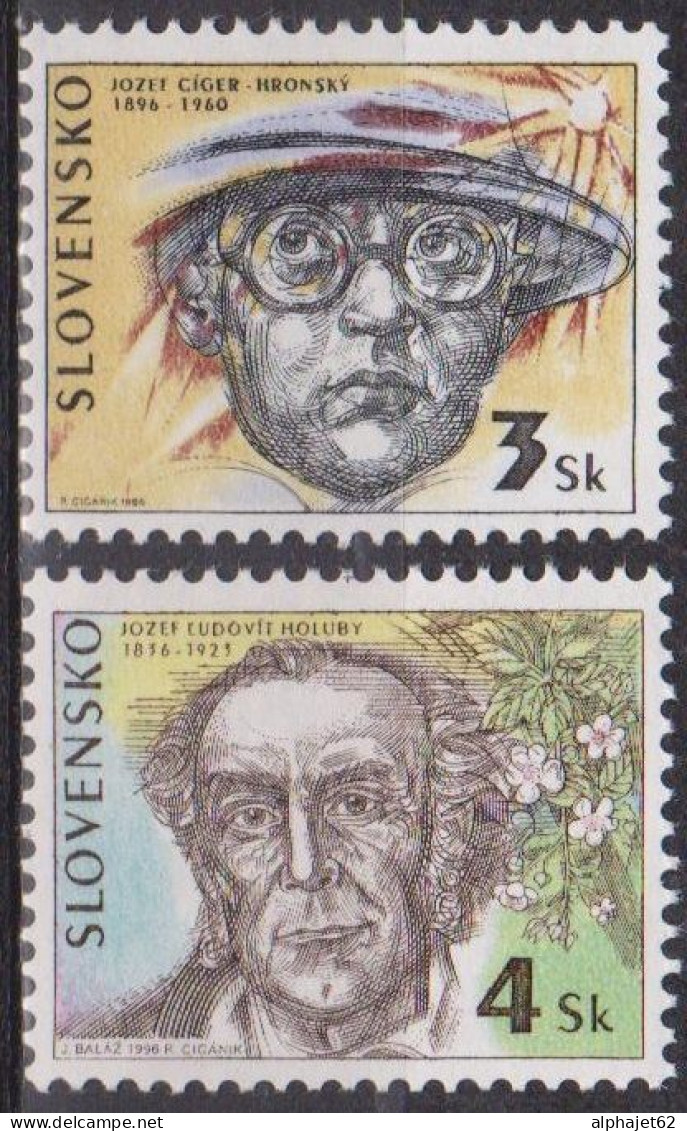 Personnages Célèbres - SLOVAQUIE - Josef Cyger-Hronsky, écrvain - Josef Ludovit Holuby, Botaniste - N° 208-209 ** - 1996 - Unused Stamps