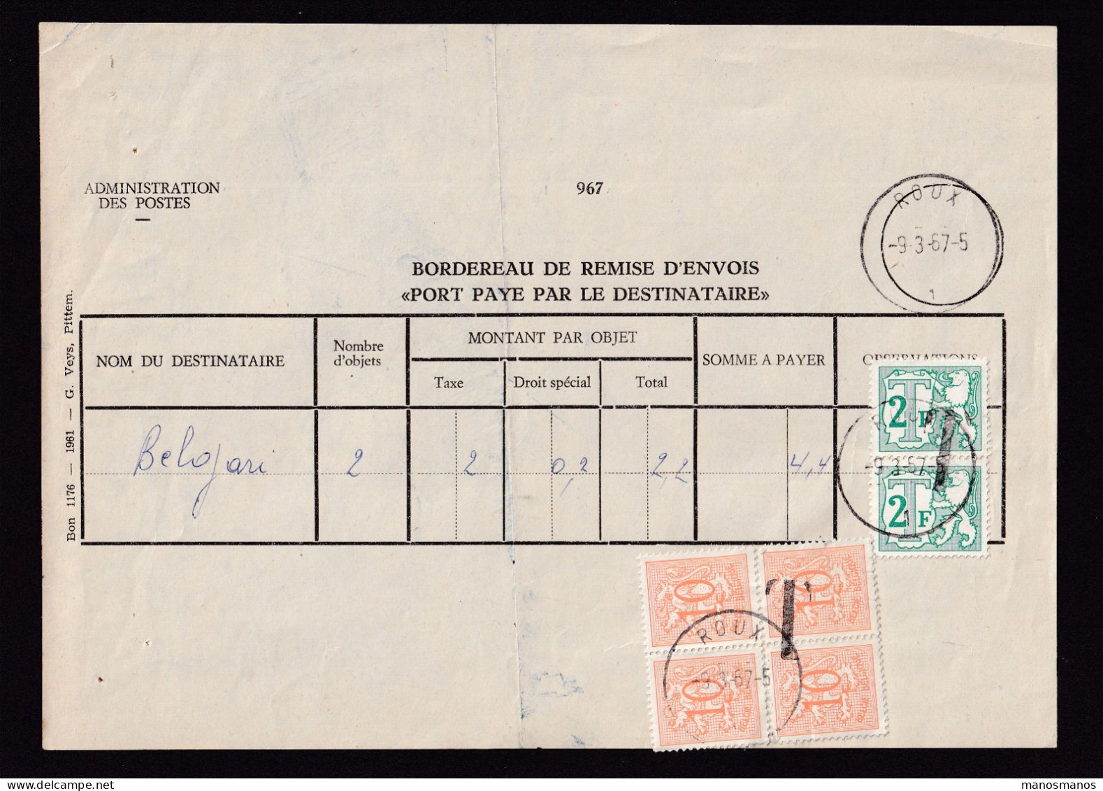 DDFF 383 -- Document Des Postes Avec Bloc De 4 Du Lion Héraldique 10 C (RARE) Et 2 Timbres-Taxe ROUX 1967 - Covers & Documents