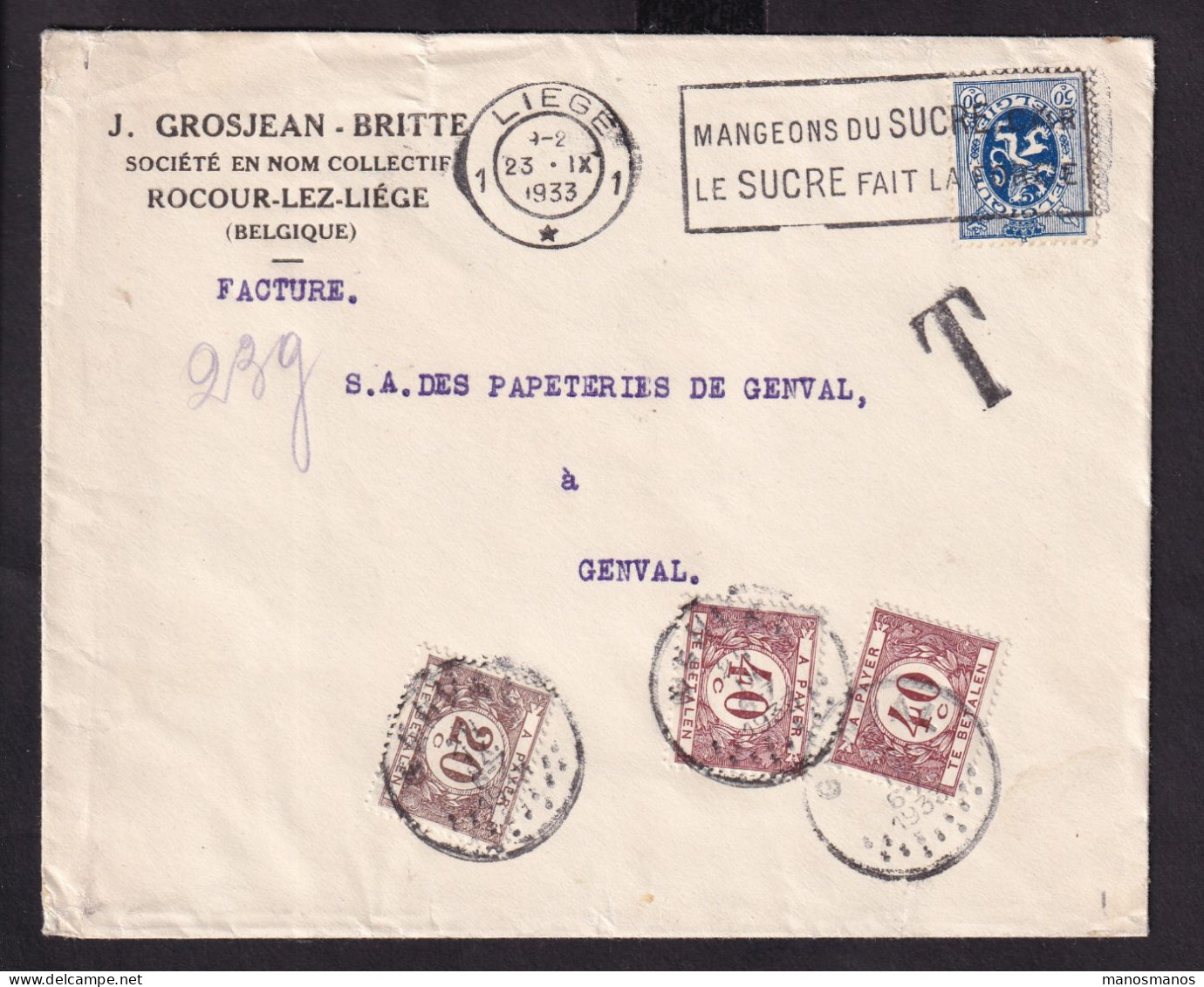 DDFF 386 -- Enveloppe TP Lion Héraldique 50 C LIEGE 1933  - Taxée 1 F à GENVAL  (2 X 40 C + 20 C) - Brieven En Documenten