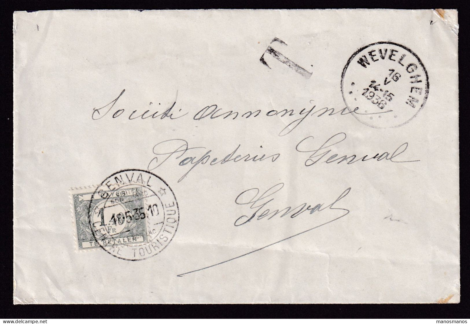 DDFF 387 -- Enveloppe Non Affranchie WEVELGHEM 1936  - Taxée 1.40 F à GENVAL (Cachet Touristique) - Storia Postale