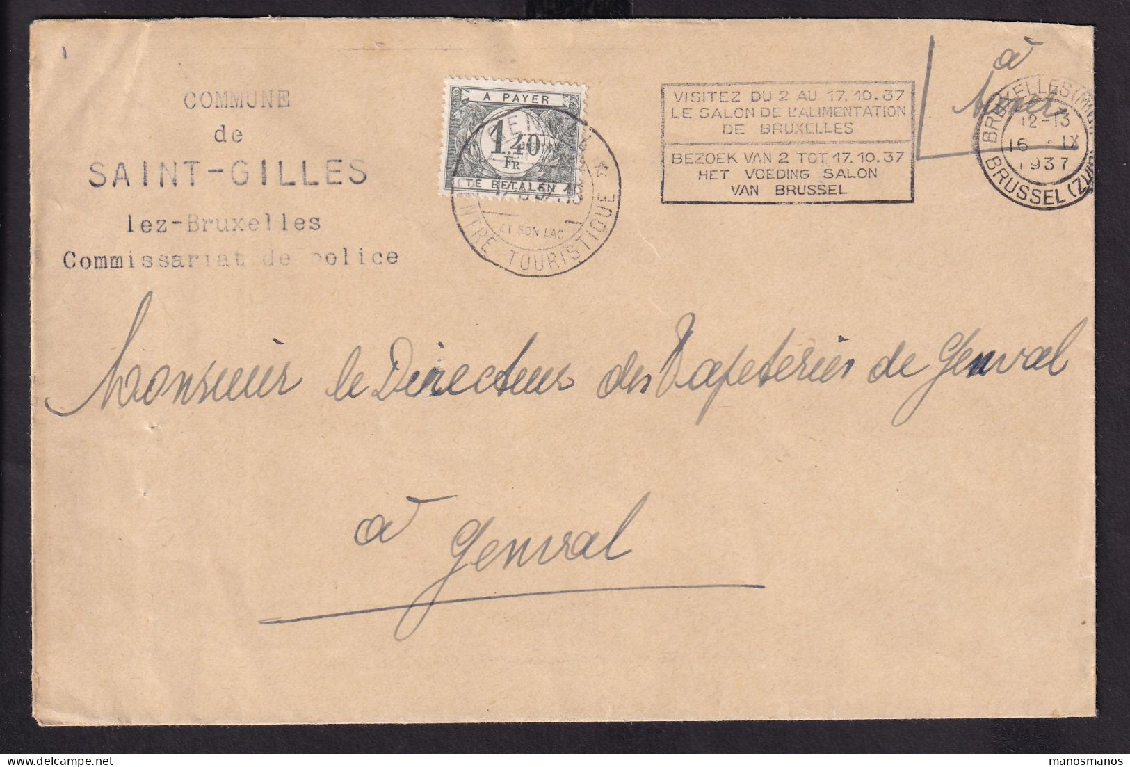 DDFF 388 -- Enveloppe Non Affranchie ST GILLES BXL 1937 - Manuscrit A Taxer - Taxée 1.40 F à GENVAL (Cachet Touristique) - Cartas & Documentos