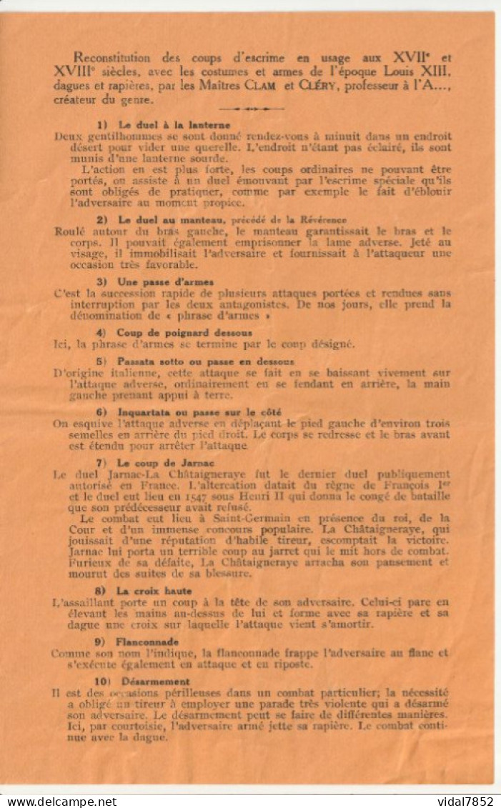 Salle Cléry-Programme  Reconstitution D'un Duel Paris 9 Mars 1929 - Fencing