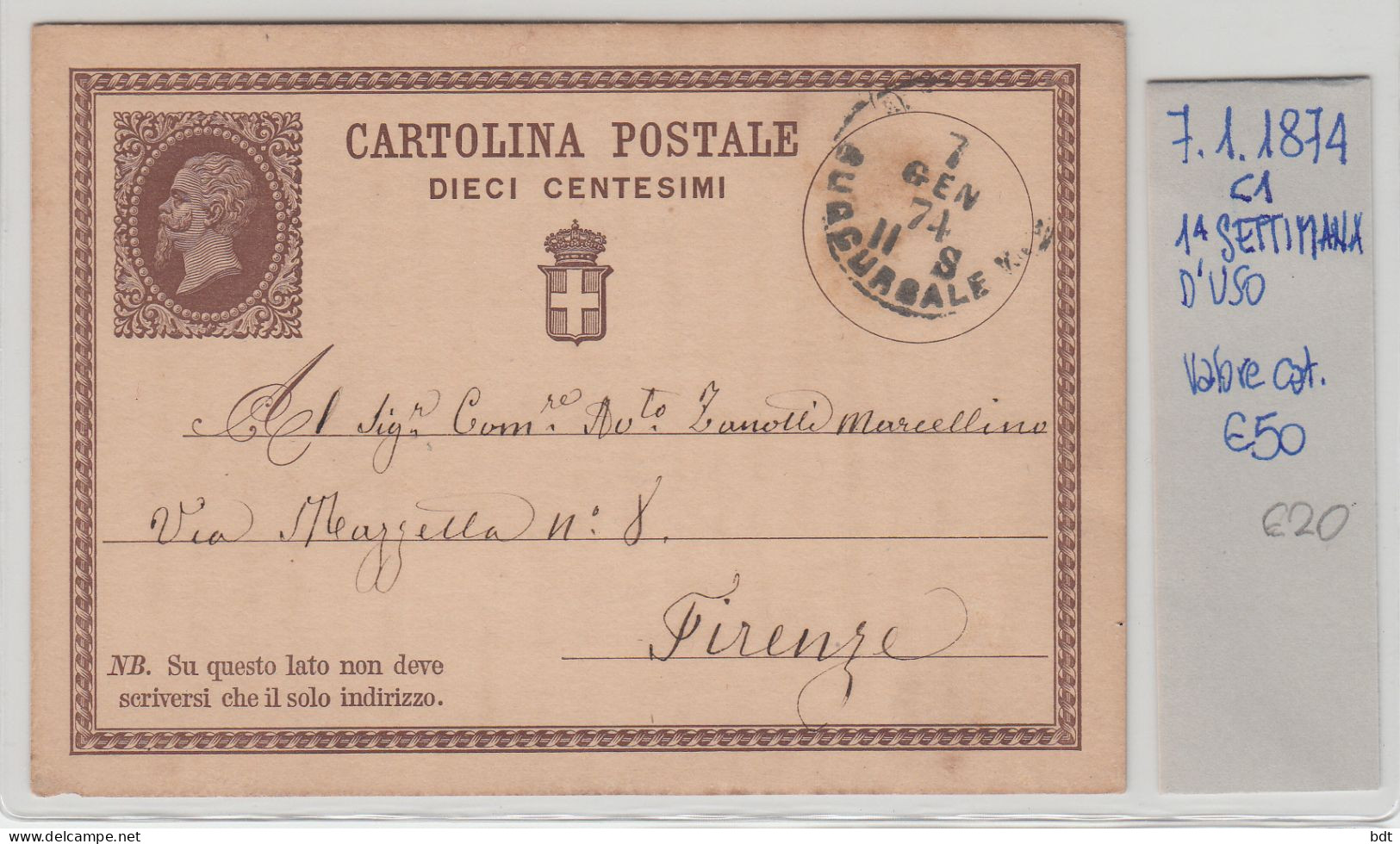 RC236 - INTERO POSTALE C1 TORINO 7.1.1874 PRIMA SETTIMANA D'USO CATALOGO € 50 - Ganzsachen