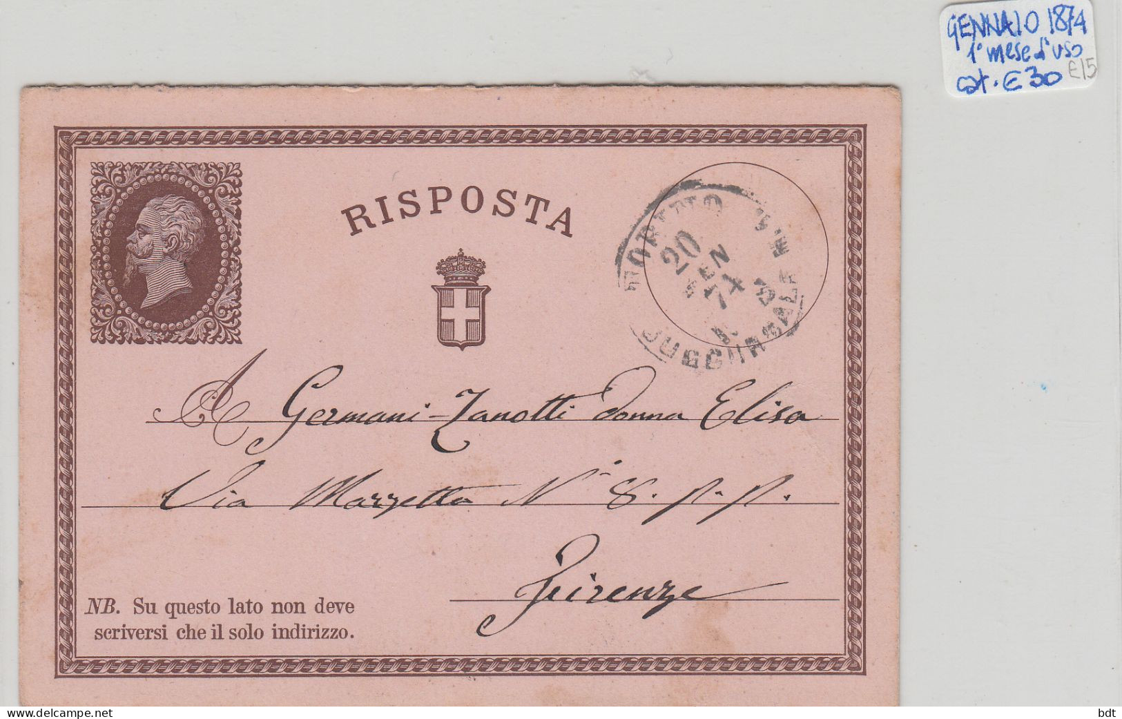 RC237 - INTERO POSTALE C2 RISPOSTA TORINO 20.1.1874 PRIMO MESE D'USO CATALOGO € 30 - Entiers Postaux