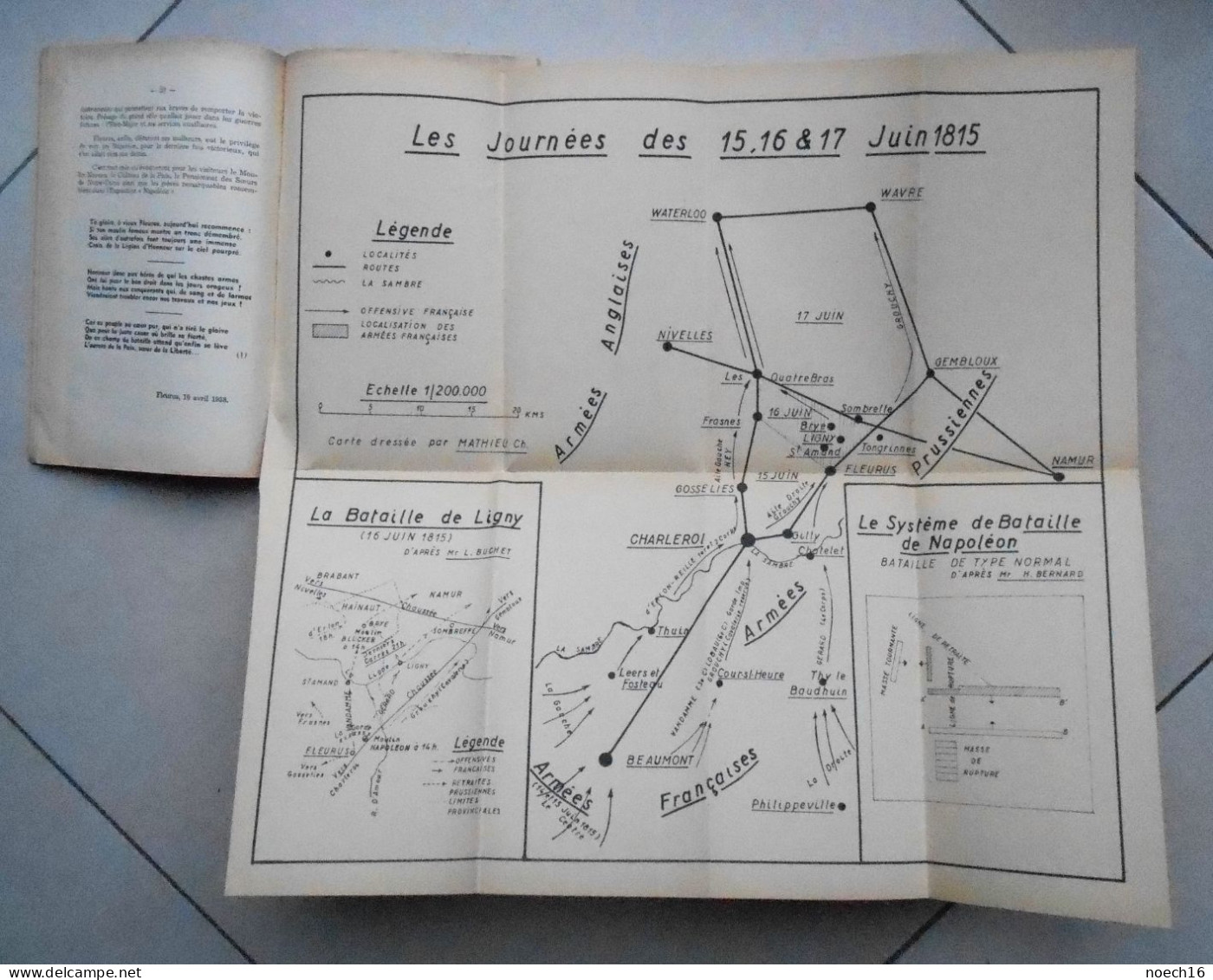 1958 Fleurus et l'Empereur Napoléon 1er avec Carte des Opérations militaires. La Bataille de Ligny.