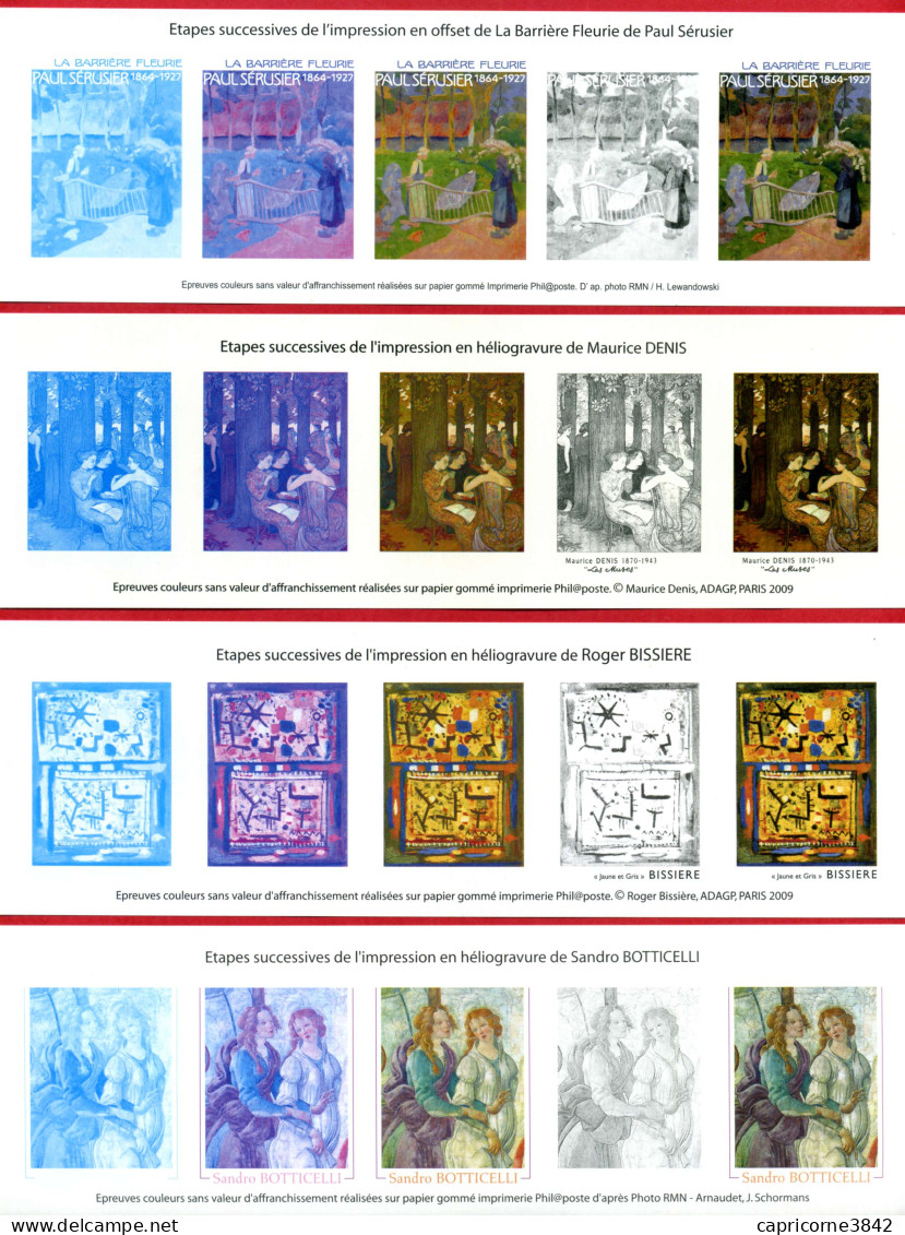 4 épreuves Couleur Sur Papier Gommé (Botticelli-Bissiere-Denis-Serusier) Etapes Successives De L'impres. En Héliogravure - Documents De La Poste