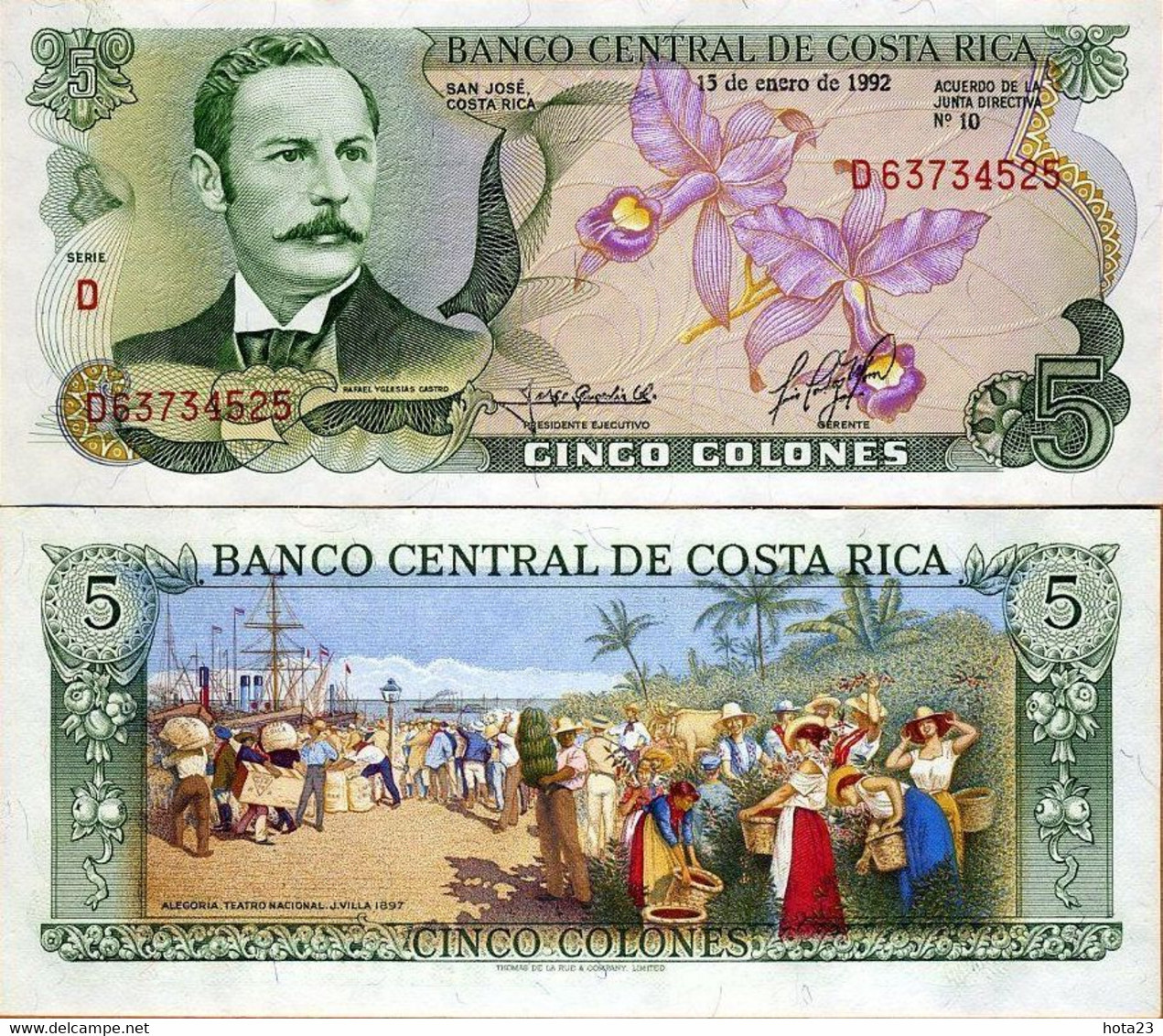 (!) Costa Rica, 5 Colones, 1992, P-236e, UNC -> Colorful, Last Date - Costa Rica