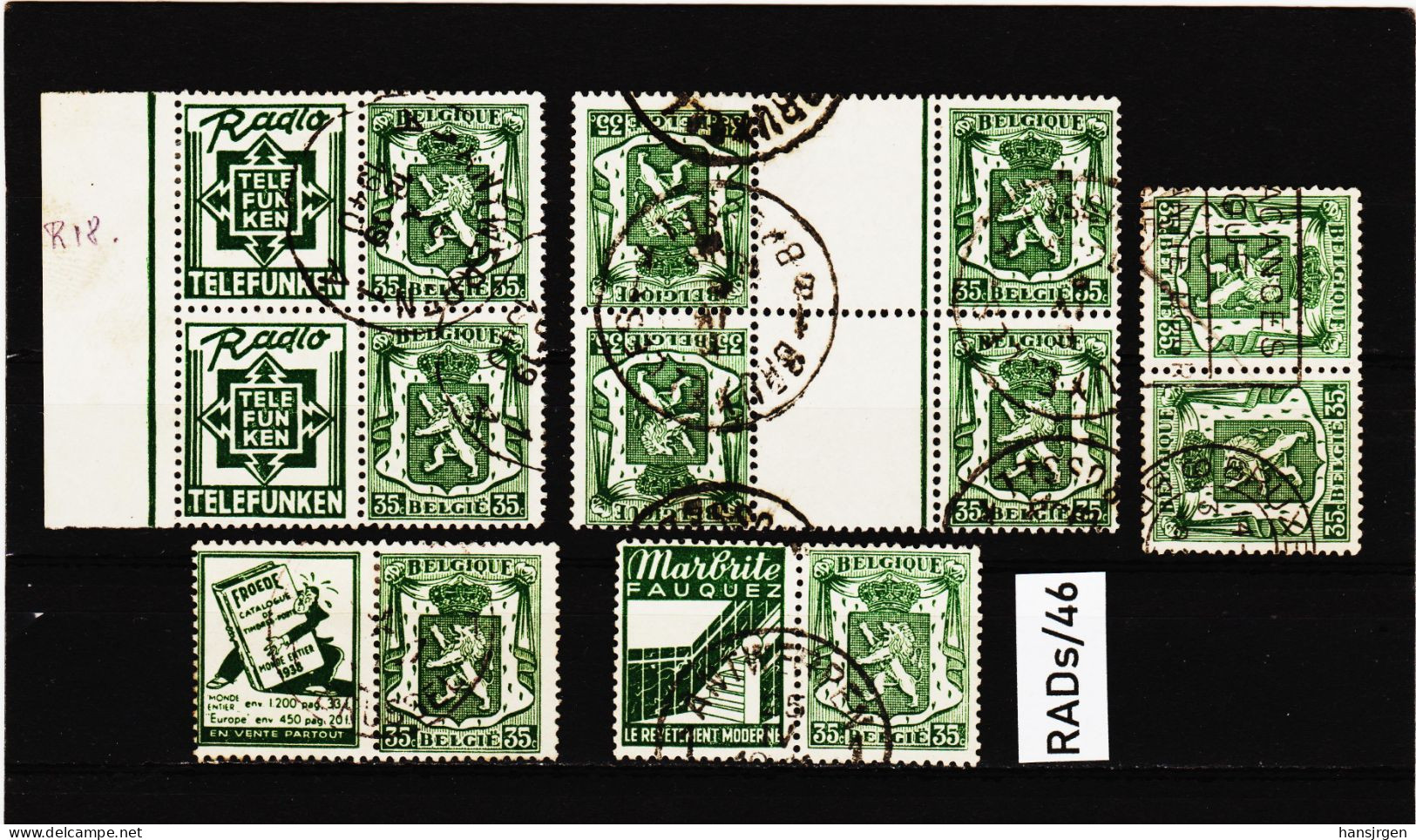 RADs/46  BELGIEN  1936  Michl 421 Mit Reklame + Kehrdruckpaare Gestempelt SIEHE ABBILDUNG - 1929-1937 Heraldic Lion