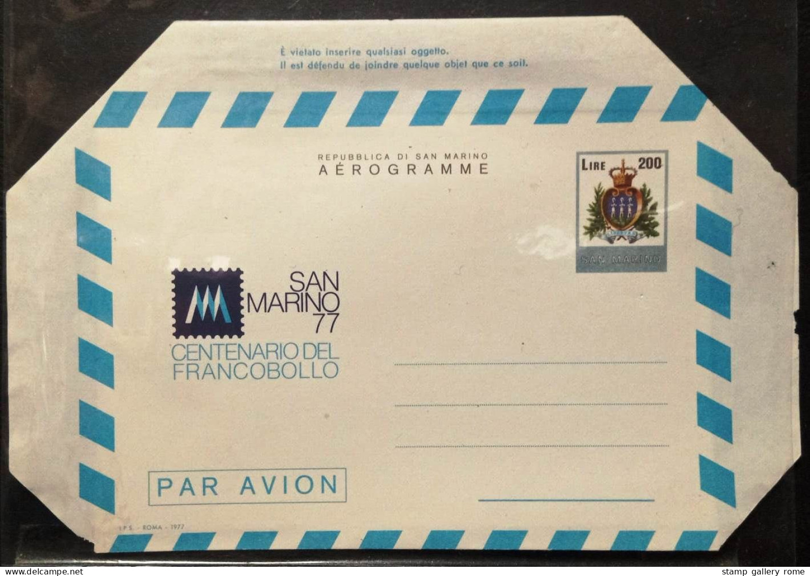 Filatelia - SAN MARINO - INTERO POSTALE - Aerogramma Centenario Del Francobollo  Anno 1977 - Ganzsachen