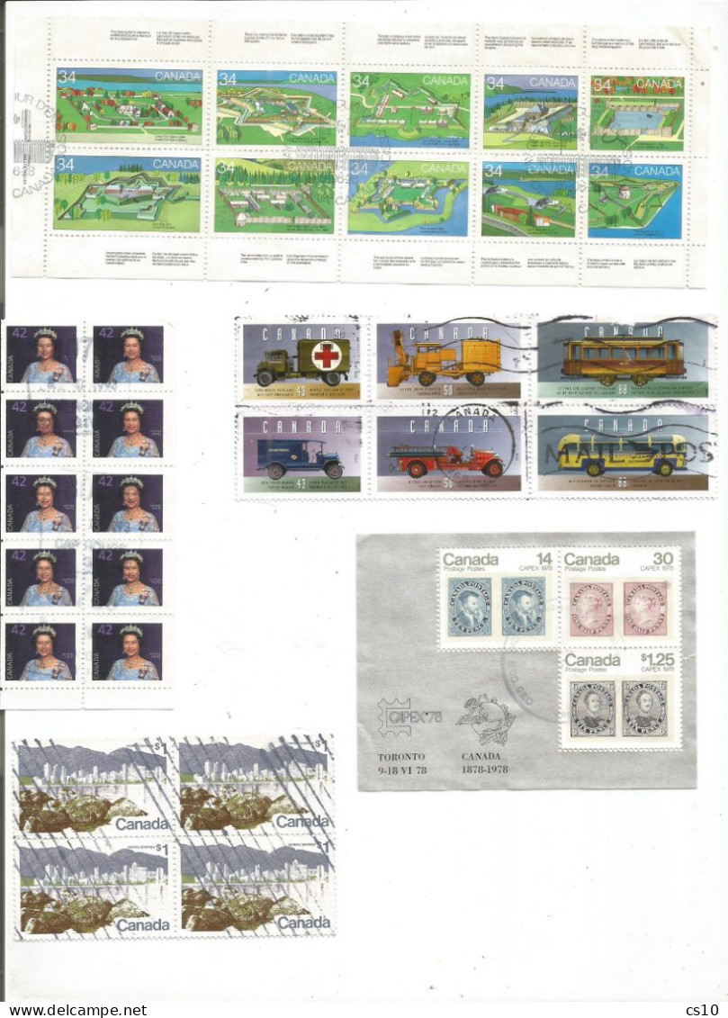 CANADA 4 Scans Lot Used Stamps With HVs Blocks Strips Etc In # 113 Pcs +l.2 Souvenir Sheets 1 Booklet Pane, BL4 Blocks - Sammlungen