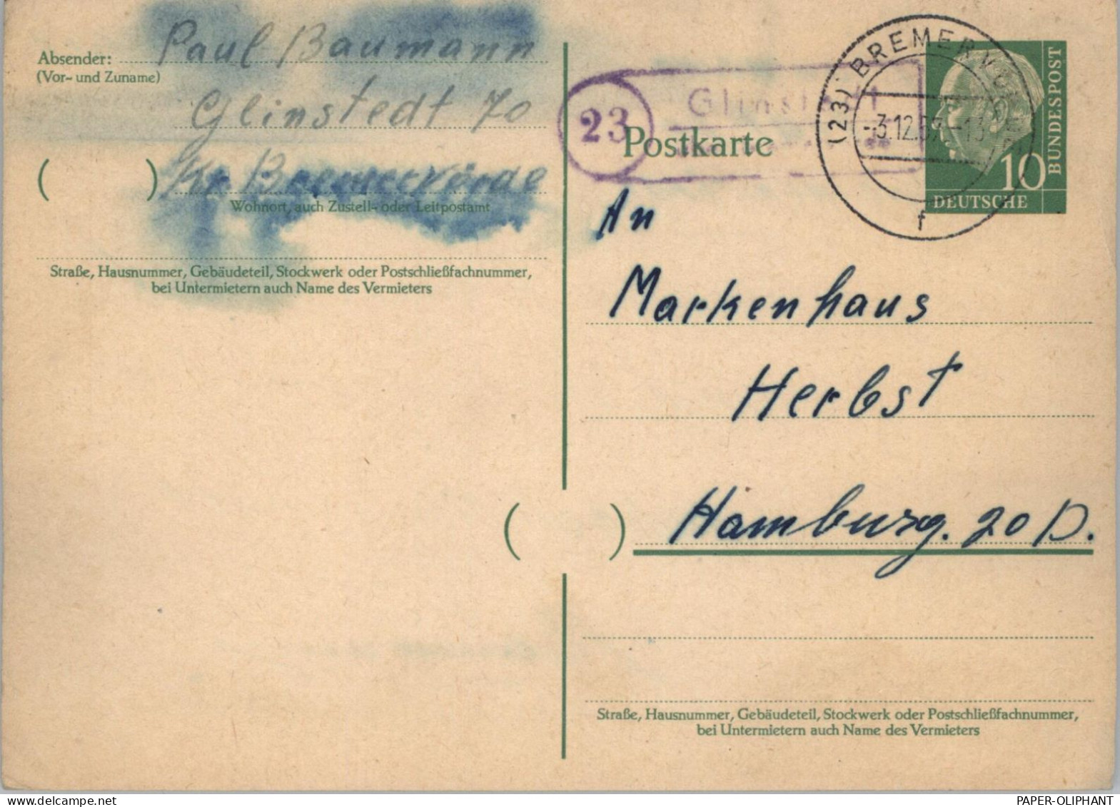 2742 GNARRENBURG - GLINSTEDT, Postgeschichte, Landpoststempel 1957 - Rotenburg (Wuemme)