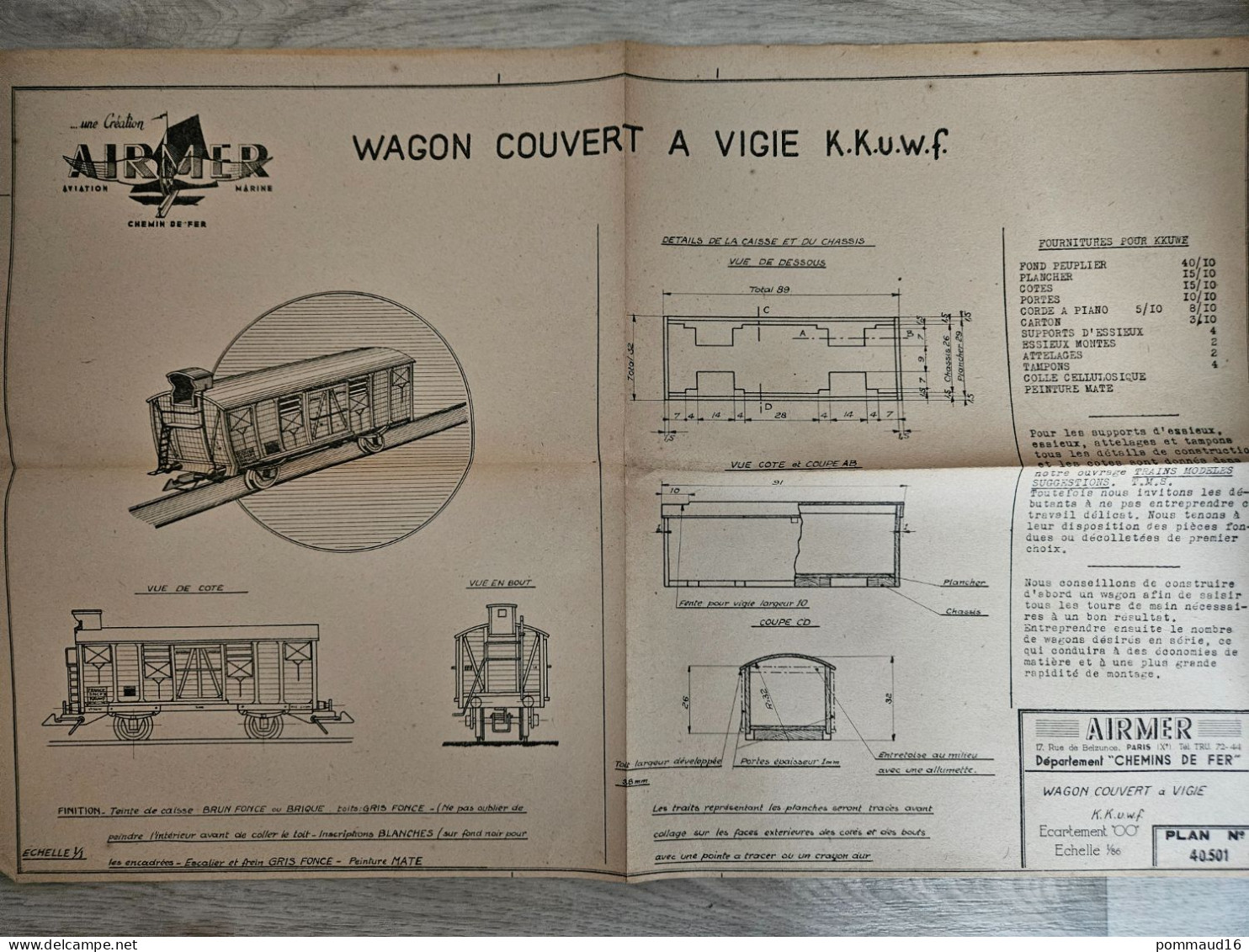 Plan N°40.501 Wagon Couvert à Vigie K.K.U.W.F.- échelle : 1/86 - Autres Plans